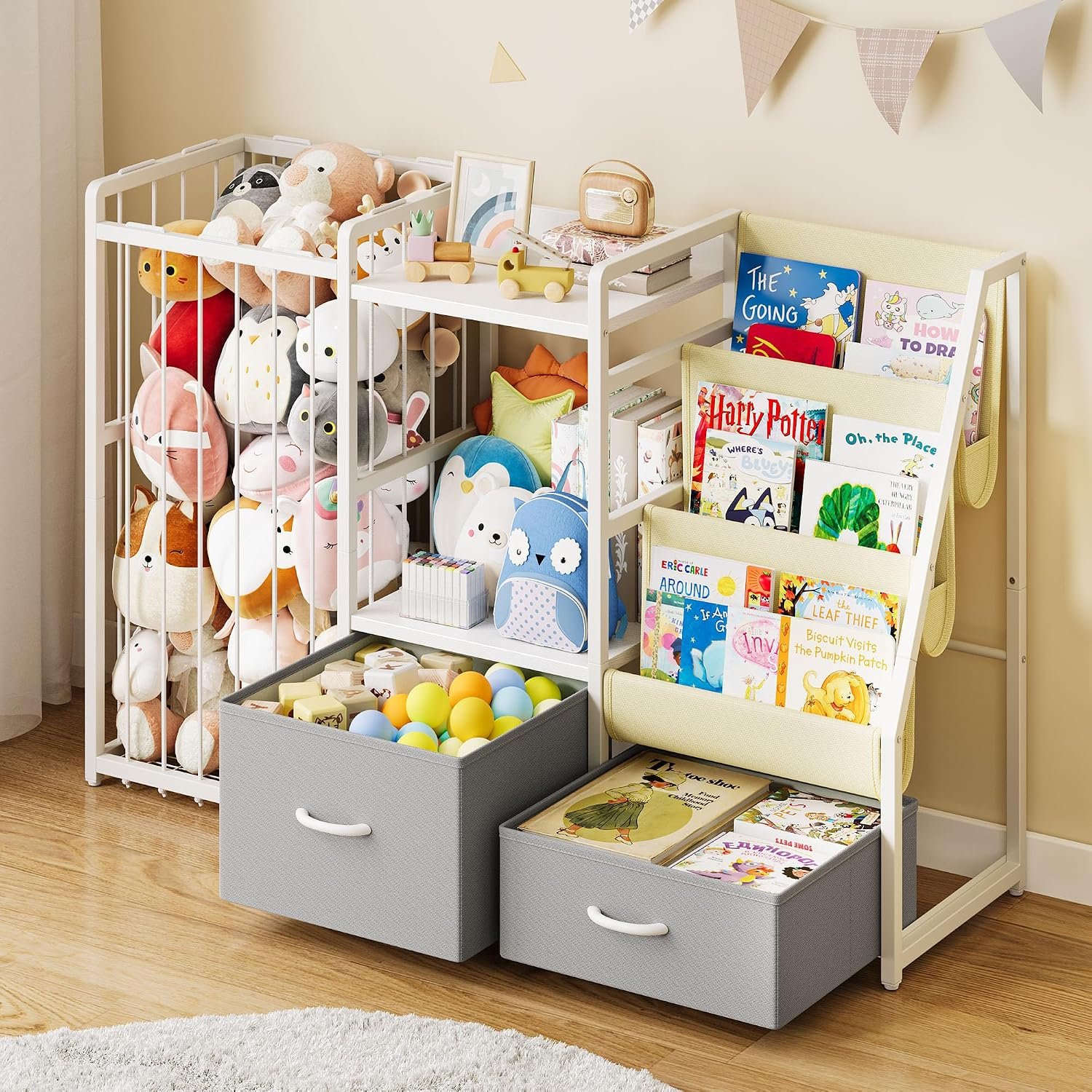 Twinkoo Kids Bookshelf and Toy Storage, Stuffed Animal Storage | 45.7″x11.8″x30″, 3 Sling Pockets, 2 Bottom Drawers, Iron and Wood Frame, Anti-Tip Belt, Montessori, Easy Reach for Kids