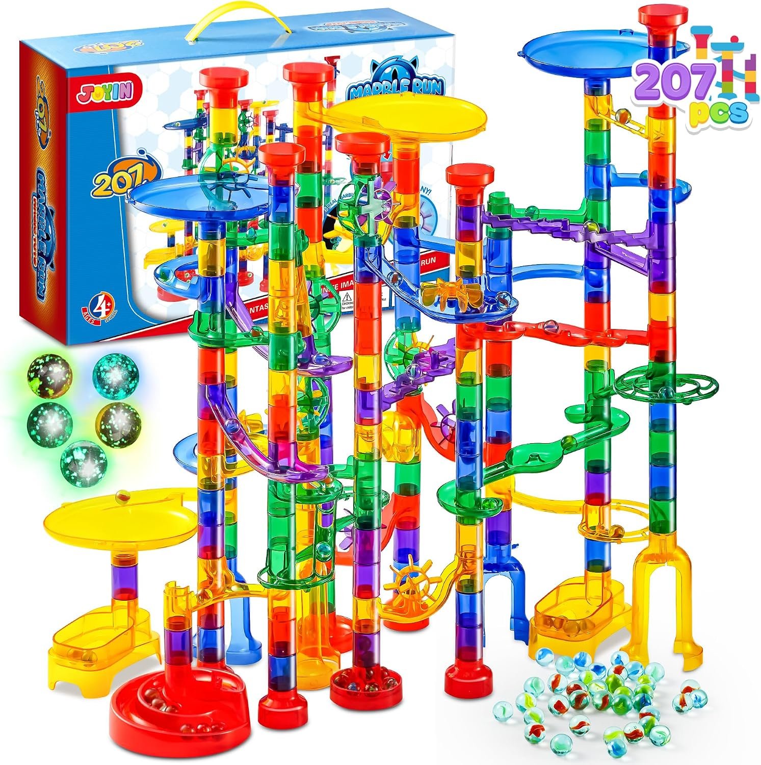 JOYIN 207Pcs Glowing Marble Run, Construction Building Blocks Toys with 5 Glow in The Dark, STEM Toy for Boys and Girls, Educational Toy, Birthday Gifts, Easter Basket Stuffers
