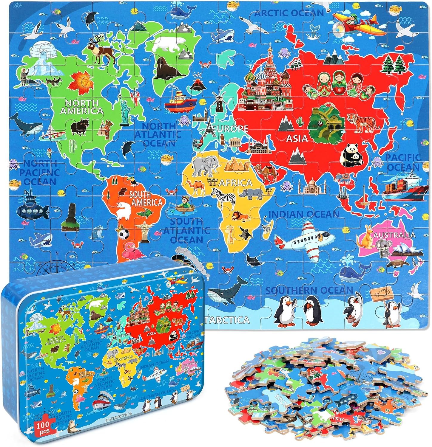 LELEMON World Map Puzzles for Kids Ages 4-8,100 Pieces World Sea Map Jigsaw Puzzles in a Metal Box,Fun World Map Learning Educational Toys for Boys Girls