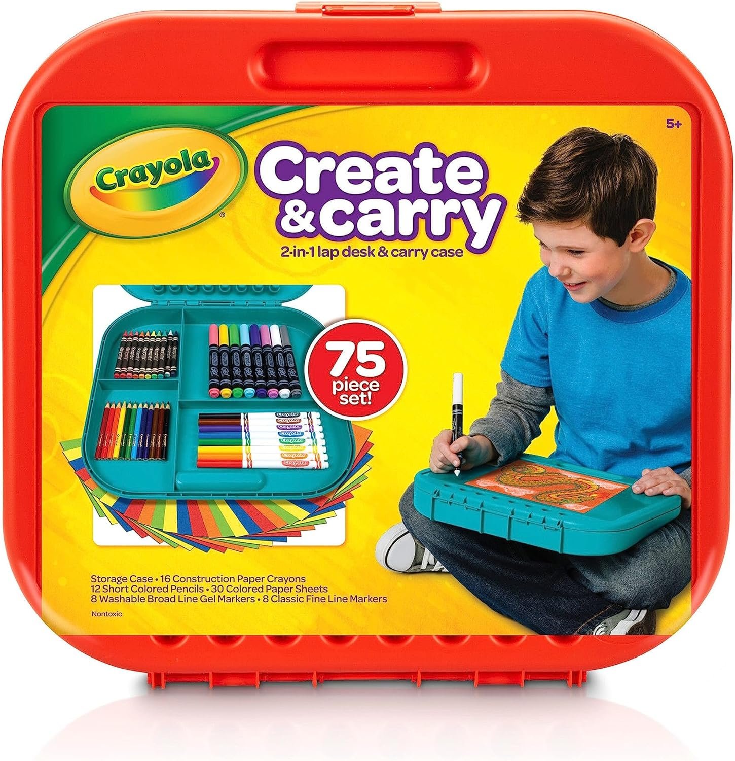 Crayola Create ‘N Carry Travel Art Set for Kids (75pcs), 2-in-1 Lap Desk & Carrying Case, Essential Art Supplies Kit, Spring Crafting, Gift for Kids | Portable Art Set for Kids, Colored Pencils, Crayons, Markers, Drawing, Coloring, Crafting Gift for Boys & Girls, 5+