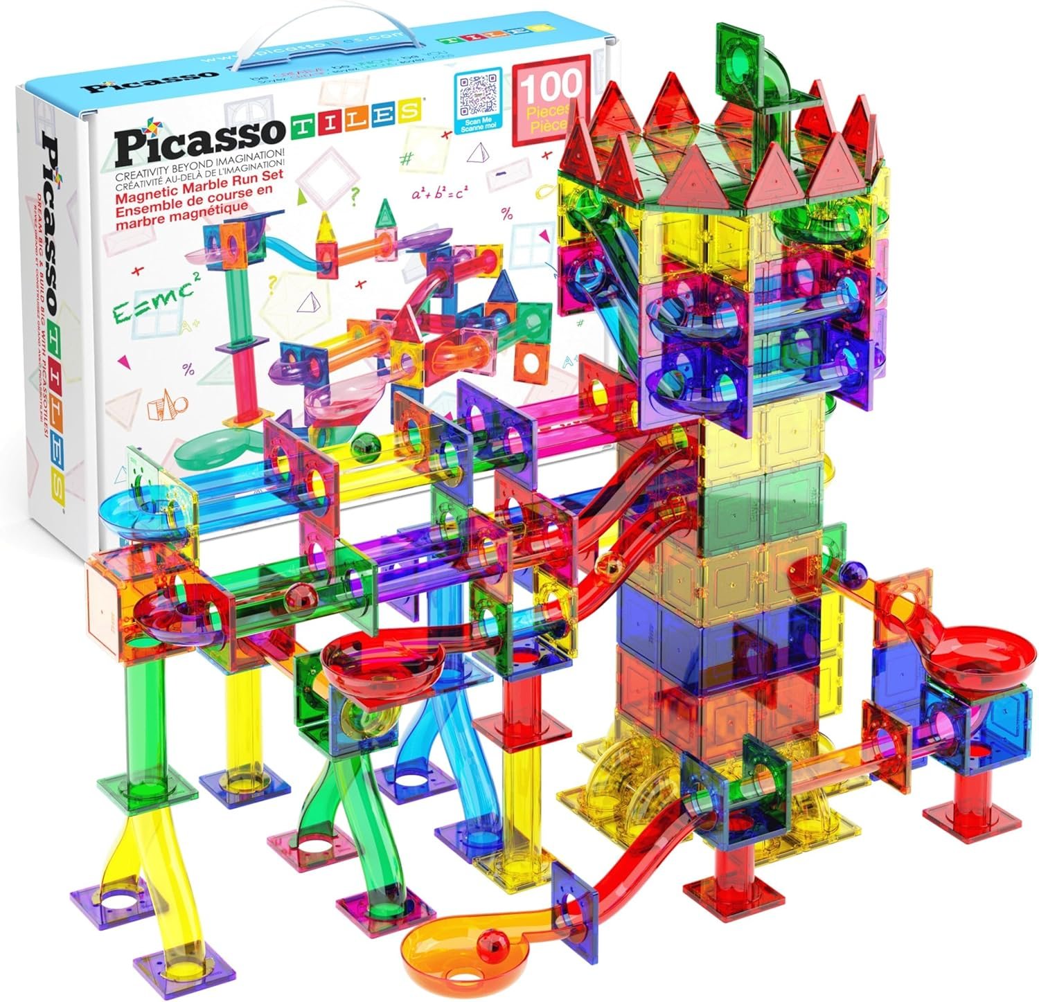 PicassoTiles 100 Piece Marble Run Magnetic Tiles Race Track STEM Ages 3+ | BPA-free ABS plastic, reinforced edges, curved slopes and U-turns, steel balls included, open-ended maze layouts, shared play