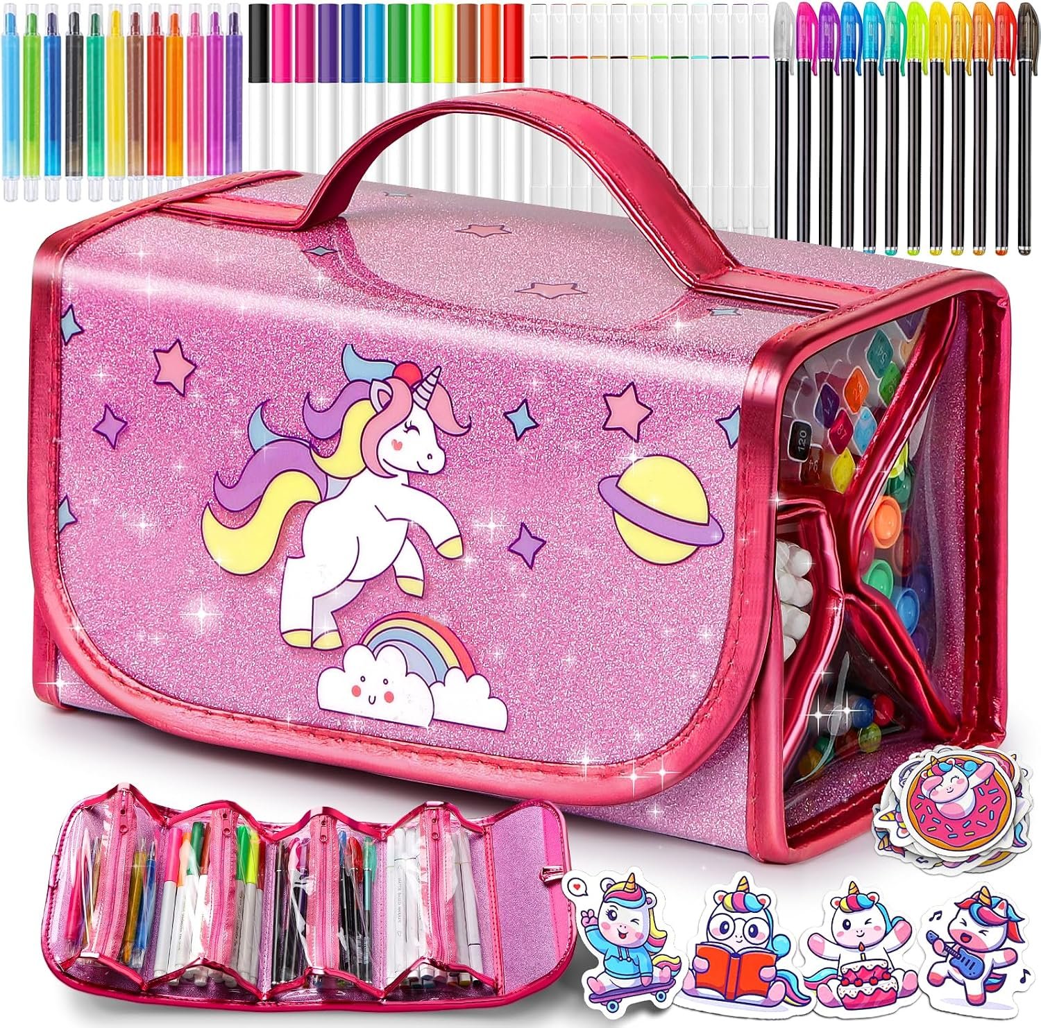 beefunni Unicorn Washable Markers Set 48 pcs with Glitter Pencil Case, Art Supplies for Kids Ages 4-6-8, Arts Crafts Coloring Set with Stickers – Birthday Gifts for Girls 4 5 6 7 8 9 Year Old