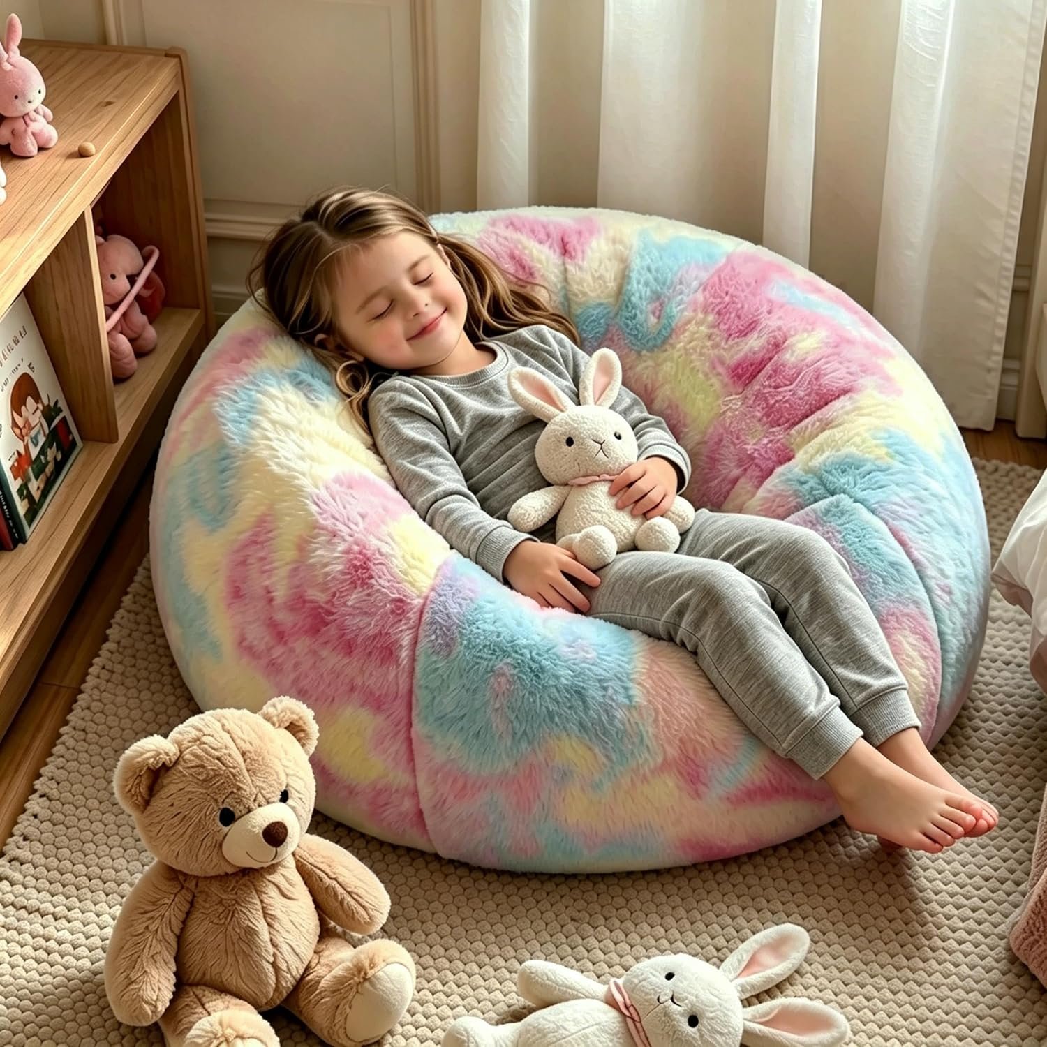 Rainbow Faux Rabbit Fur Memory Foam Bean Bag chair for Kids Teens Bedroom | Memory foam Bean Bag Chairs For Kids, rainbow faux rabbit soft plush, round for kids teens holiday gift
