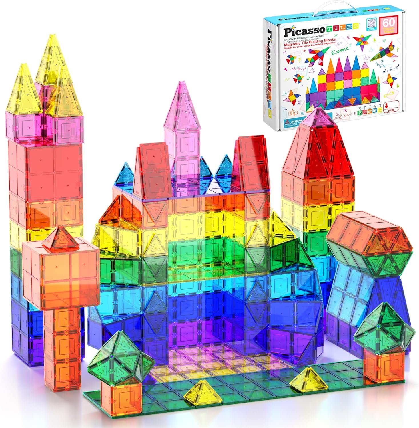 PicassoTiles 60 Piece Magnetic Tiles Clear 3D Building Blocks STEM Ages 3+ | Montessori sensory learning, easy small-hand grip, multiplayer group play fun, preschool classroom gifting, smooth safe edges