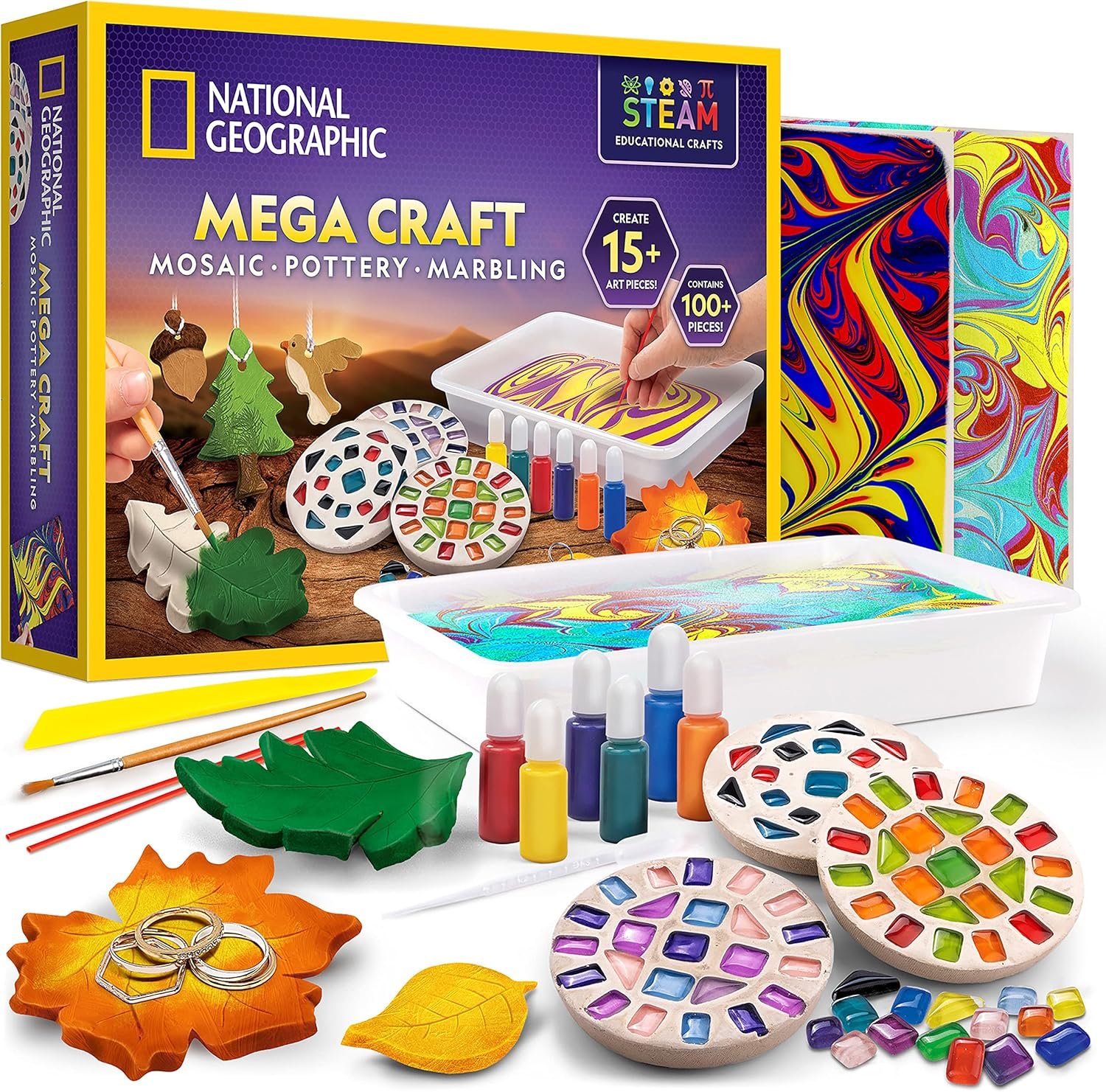 National Geographic Mega Arts and Crafts Activity Kit for Kids Ages 8-12 | Mosaic Art, Marbling Paint and Air-Dry Clay, 3 Craft Kits, 19 Art Projects, 100+ Components, Creative Birthday Gift