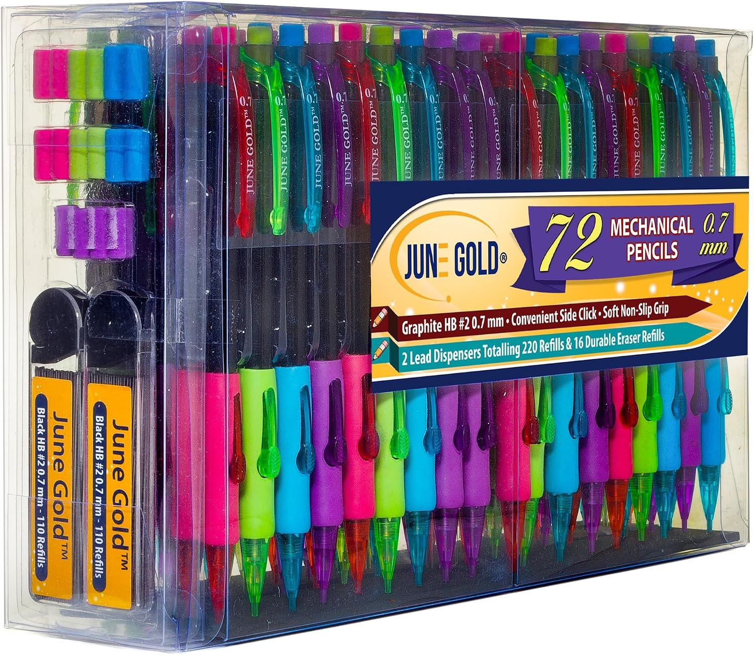 June Gold 72 Mechanical Pencils, 0.7 mm HB #2, 220 Lead & 16 Eraser Refills | 2 Lead Dispensers, Break Resistant Graphite, Convenient Side Click, Soft Non-Slip Grip