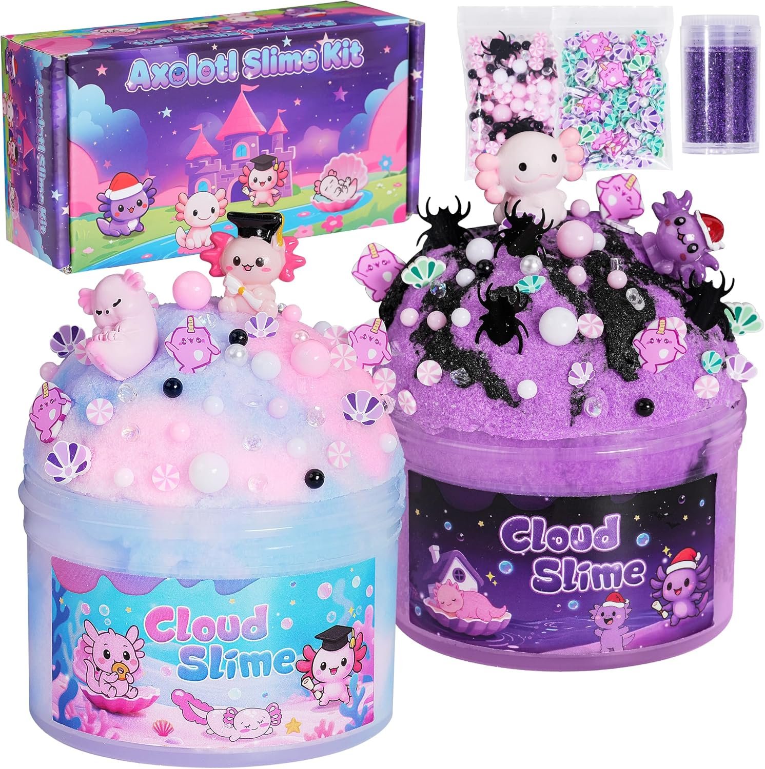 Axolotl Cloud Slime Kit 2 Pack – 14oz Non-Sticky DIY Slime for Kids, Includes Cute Axolotl Charms & Add-Ins, Glitter, ASMR Sensory Toys, Slime Party Favors for Girls Boys