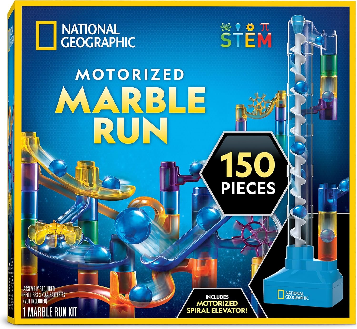 National Geographic Motorized Marble Run 150-Piece Building Set for Kids | Motorized Elevator, 30 Marbles, Storage Bag, Perpetual Motion Machine, Physics Learning, STEM Toy, Marble Maze