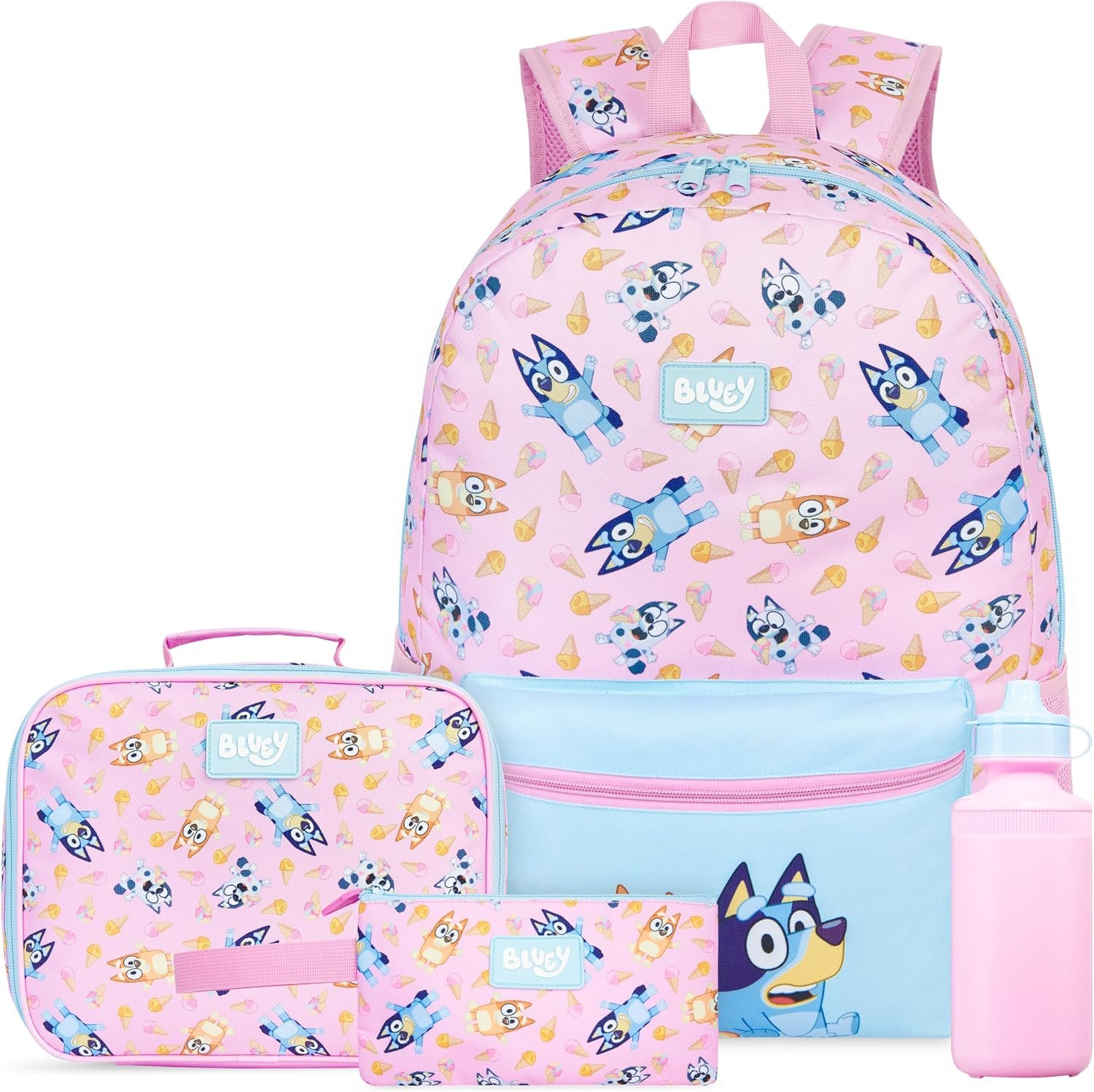 Get Trend Bluey Girls Backpack, Lunch Bag, Pencil Case, Water Bottle | 4 Piece Set, 18 inch Bookbag, Insulated Lunch Bag, Pencil Pouch & 16.9 fl oz BPA-Free Water Bottle, School, Gifts for Girls