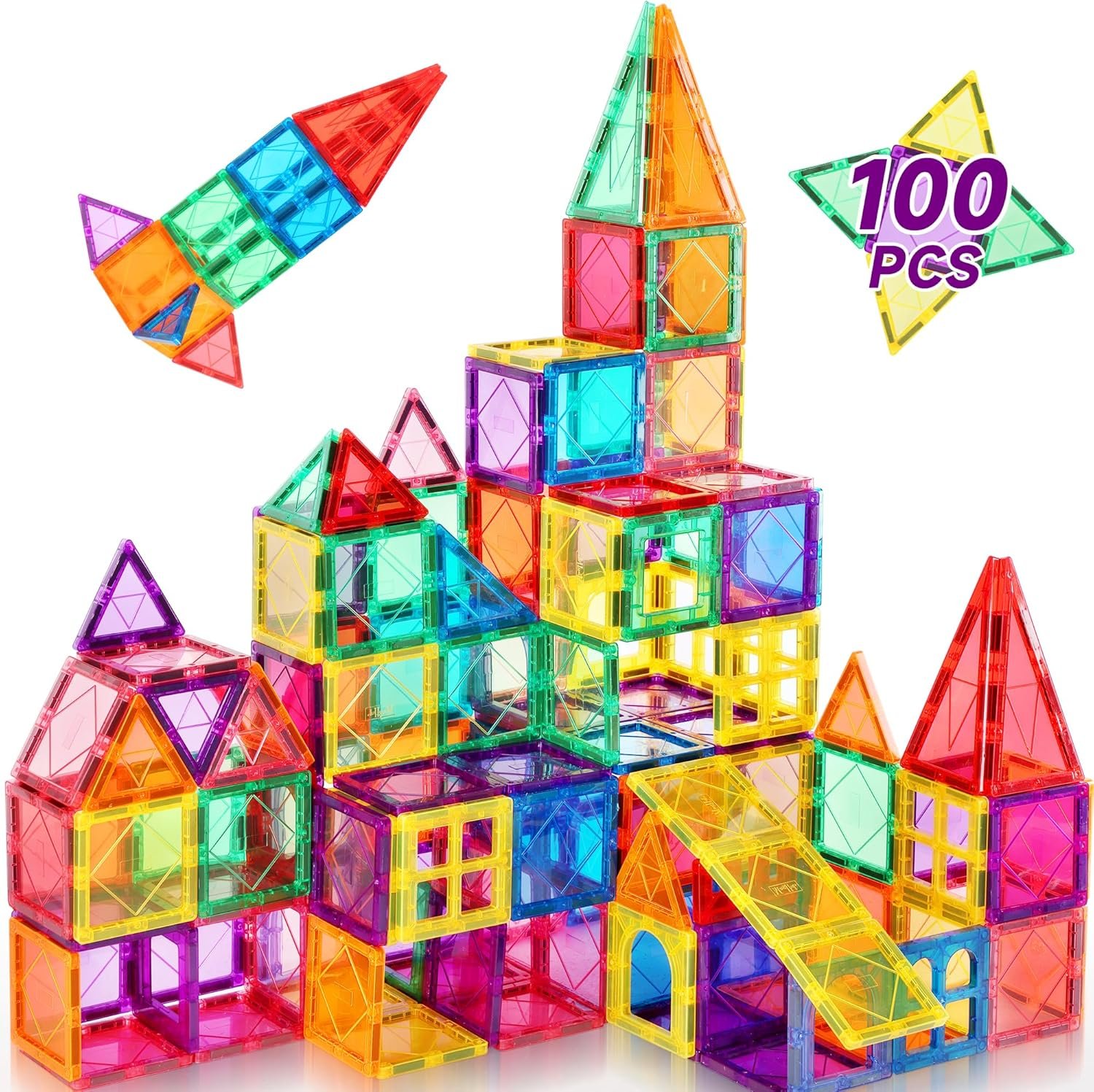Mruikeny 100PCS Magnetic Tiles Kids Toys – Magnetic Building Blocks | STEM Magnet Building Set Preschool Learning Magnet Toys for Kids Ages 3-5 4-8, Sensory Montessori Toy for Toddlers 3+ Years