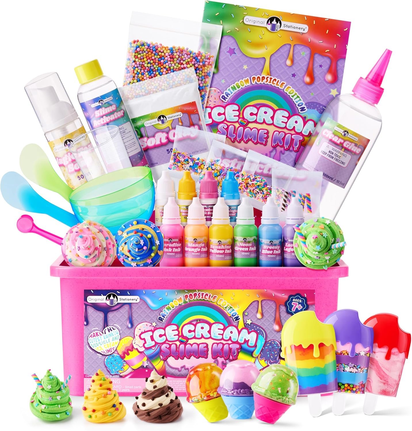 Original Stationery Ice Cream Slime Kit Rainbow Popsicle Edition – All-in-One DIY Slime Making Kit with Glue, Activator, Sprinkles, Bowls & Mixers, for Kids & Girls Creative Play