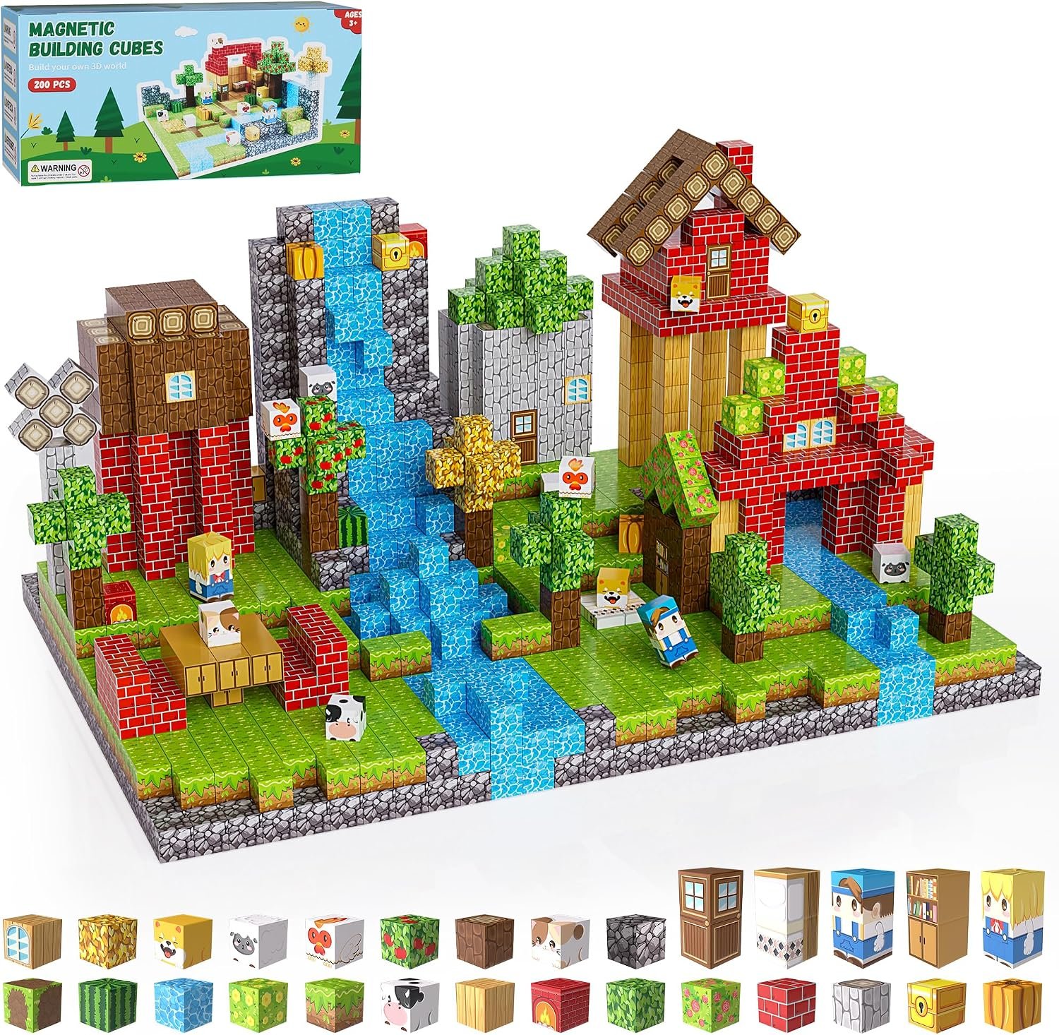 200PCS Magnetic Building Blocks Set, Magnetic Tiles Kids Build Cubes STEM Game Toys, Build Forest World Set, Christmas Birthday Gifts for Boys & Girls Age 3 4 5 6 7 8 9 10, 0.78 in Size
