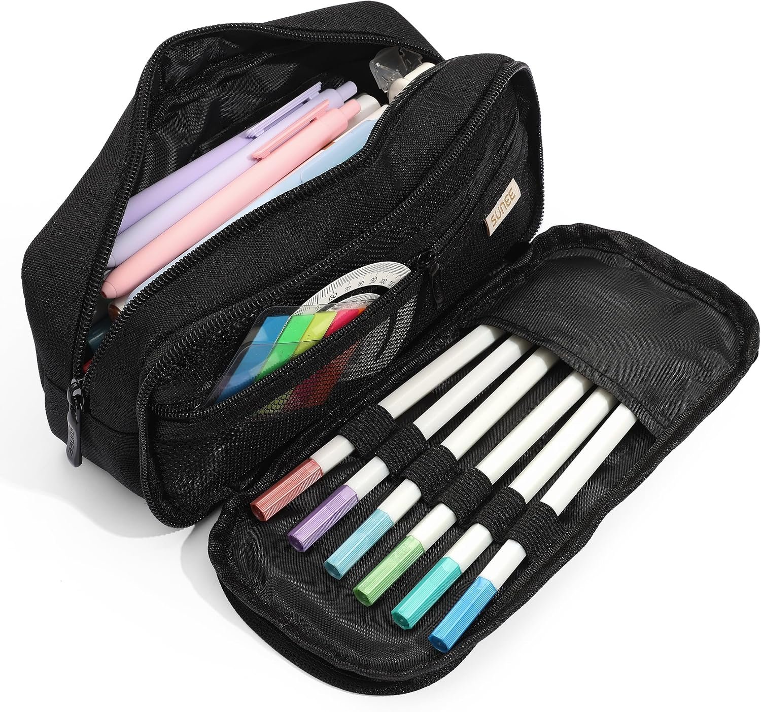 SUNEE Pencil Case, Large Capacity Pencil Pouch, Extra Big Pencil Bag with 6 Compartments, Durable Canvas Pencil Box for Office Stationery Organizer, Back to School Supplies for Teen Boys Girls, Black