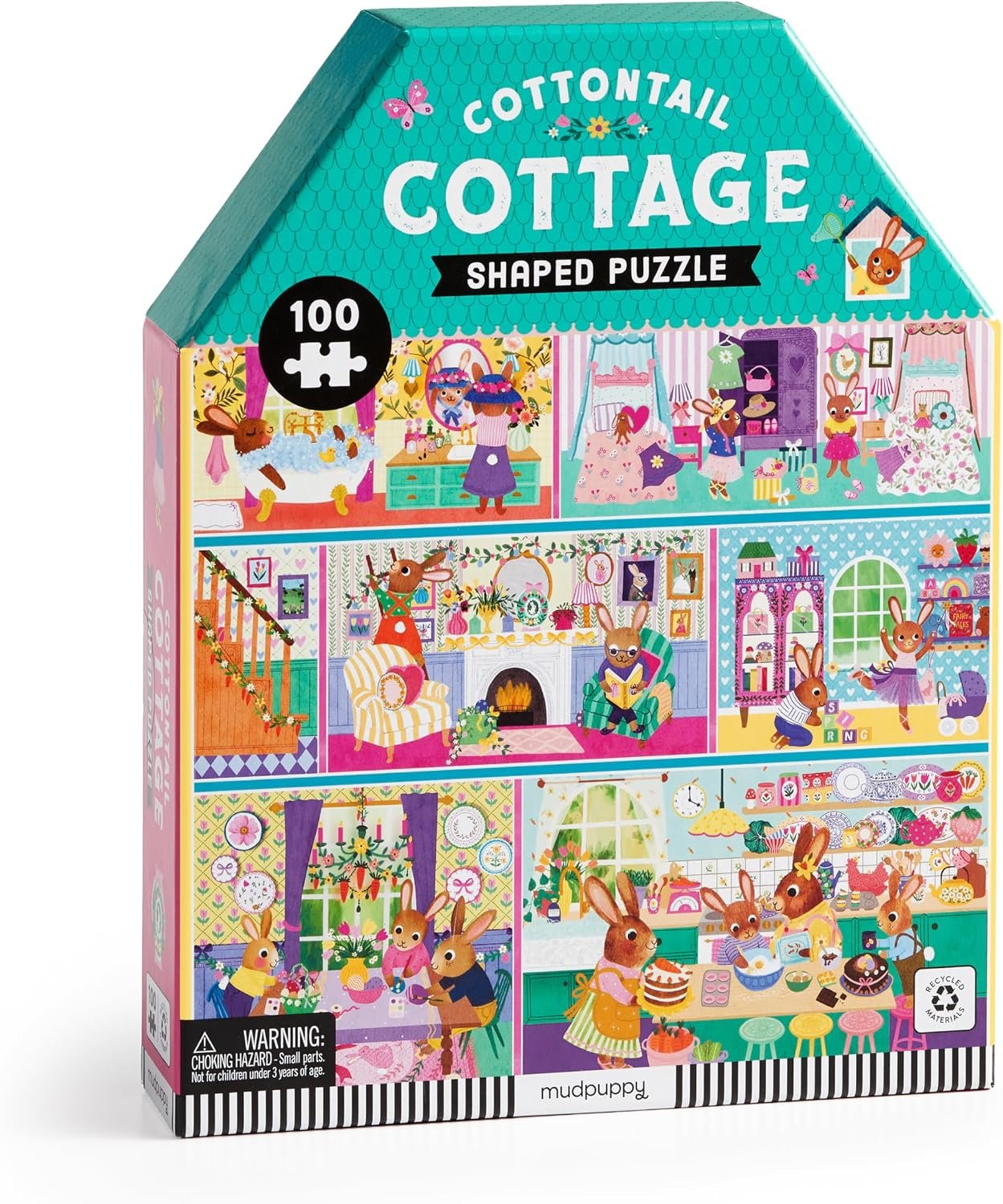 Mudpuppy Cottontail Cottage – 100 Piece Unique House Shaped Scene Puzzle with Colorful and Fun Illustrations of A Bunny Themed House for Children Ages 5-8