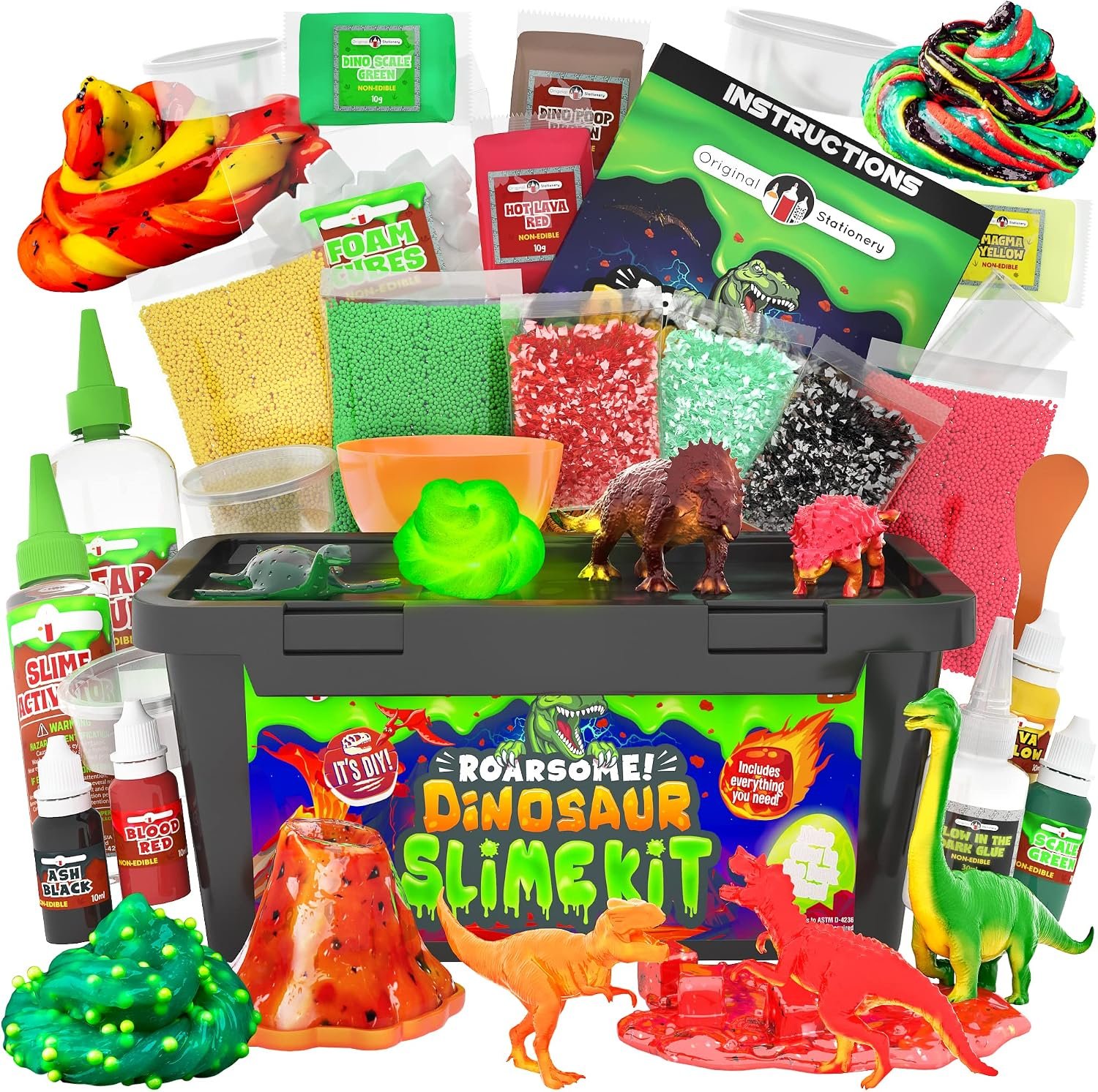 Original Stationery Dinosaur Slime Kit for Boys, DIY Glow-in-The-Dark Slime Set with Lava, Blood & Dino Poop, Fun Sensory Play Activity with Glitter Formula, Birthday Gift