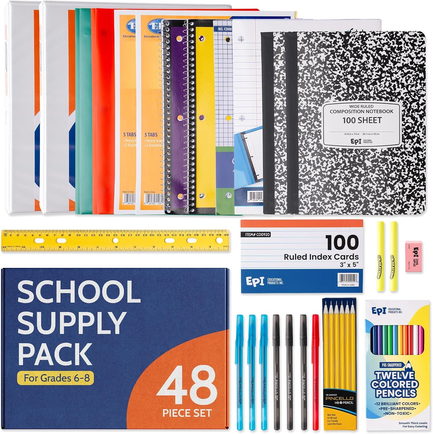 EPI Essentials Bulk Back to School Supplies for Kids – 6th to 8th Grade – 48 Items in Kit – Middle School Supply Packs – Wide-Ruled Bundle with Composition Notebooks – Suitable for Homeschooling