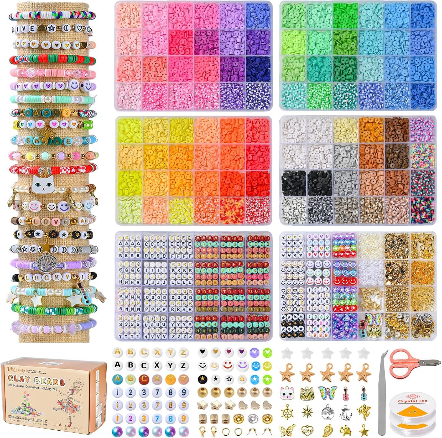 wuzoe Friendship Bracelet Kit, 16888pcs, 96 Colors Polymer Clay Beads & 1200 Letter Beads，Bracelet Making Kit for DIY Jewelry Making&Friendship Bracelet Making