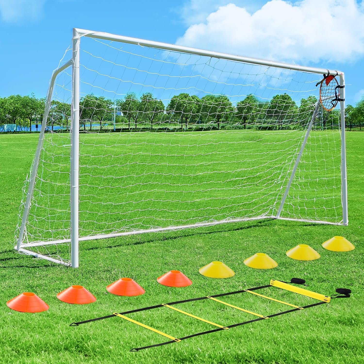 Soccer Goal 12×6,10×6.5, 8×6, 6x4FT Soccer Goals for Backyard Metal Soccer Goals for Kids Youth Adults Large Outdoor 2″ Steel Soccer Goal Post Frame with Soccer Net Target Net Portable Agility Ladder