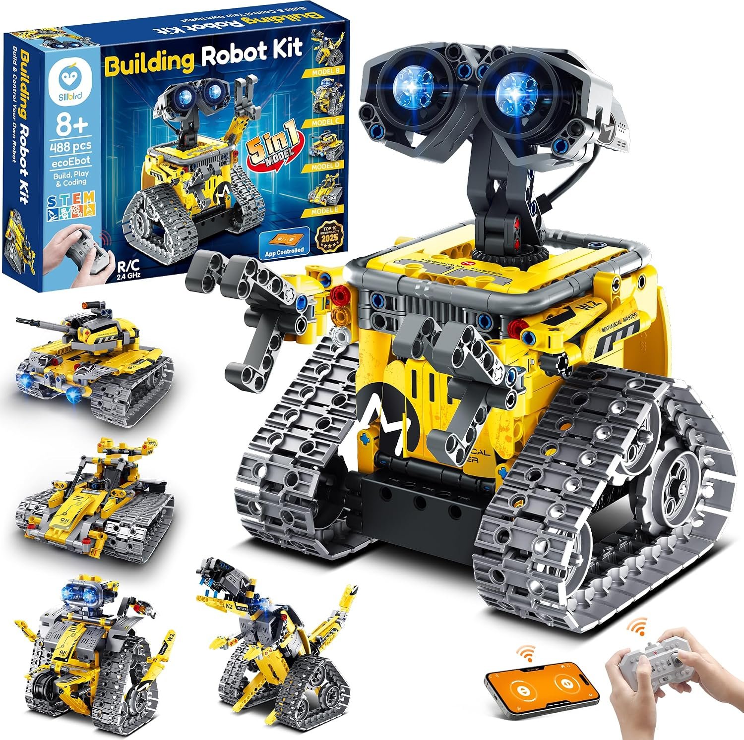 Sillbird STEM Robot Building Kit with Remote Control Gifts for Boys 8-13 | Coding Robotic Set, Educational Birthday Gifts, App-Controlled, Buildable 5in1 Models, Rechargeable Toys for Kids, 488 Pieces