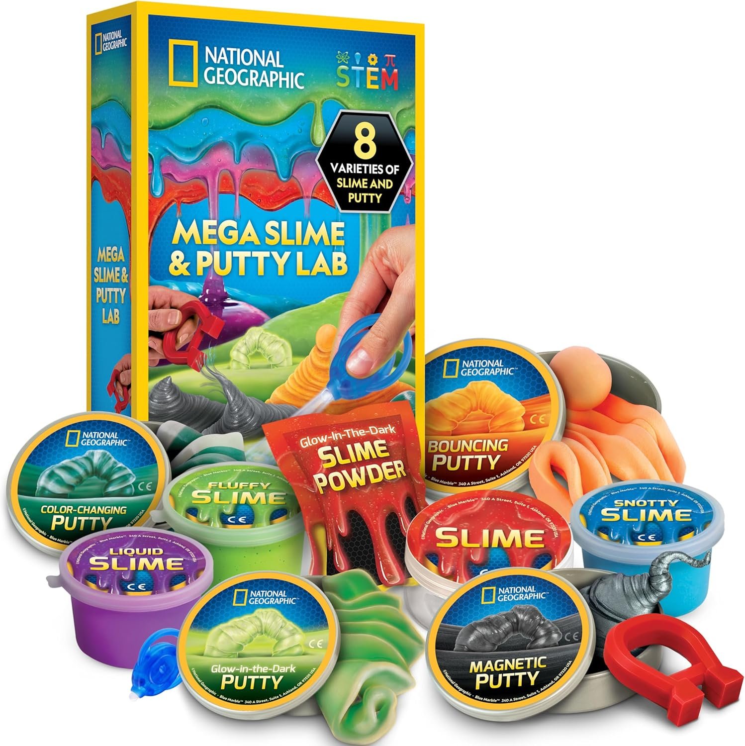 NATIONAL GEOGRAPHIC Mega Slime Kit & Putty Lab – 4 Types of Slime Plus 4 Types of Putty Including Magnetic, Slime Kit for Boys and Girls, Sensory Toy & Science Kit | 4 Slimes and 4 Putties, Magnetic and Glow-in-the-Dark Varieties, Science Toy for Kids, Storage Tins, Birthday Gift