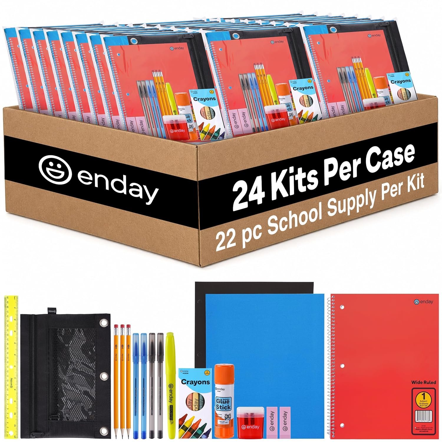 24 Pack Bulk School Supplies for Kids | 22 Piece Back to School Supplies in Each Kit, Premium Quality Kids School Supply for Girls & Boys, Kindergarten, Elementary, K-12 – By Enday