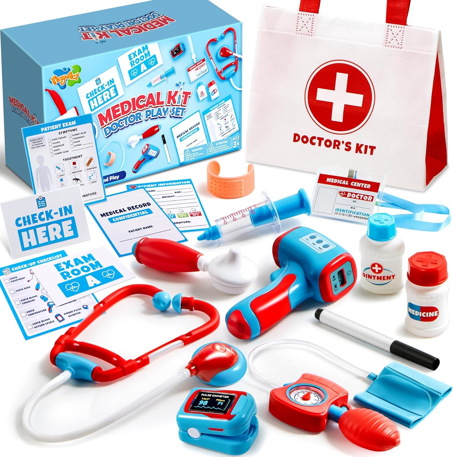 Play-Act Kids Doctor Kit, 16-Piece Medical Kit with Bag, Doctor Role Play Set with Realistic Toy Stethoscope, Reusable Record Cards, Dress Up Playset Birthday Gift for Toddlers Ages 3+