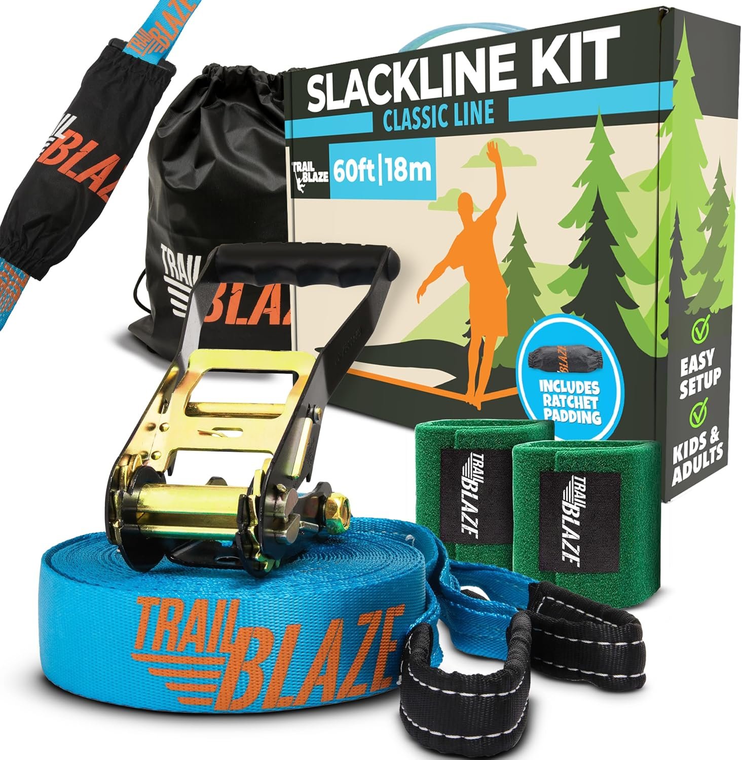 Essential Slackline Kit for Kids & Adults – 60ft Ninja Line (Blue) | 300 lb Capacity with Wider Tree Protectors, Ratchets and Durable Carry Bag – All-in-1 Parkour Equipment