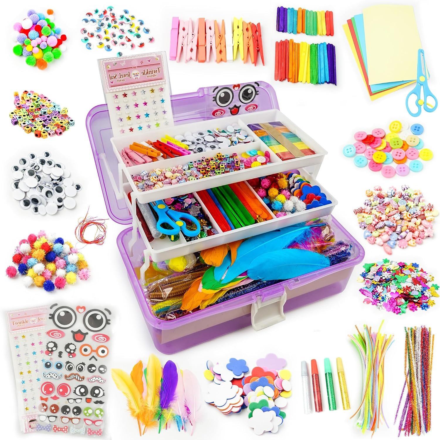 SMILESSKIDDO Kids Arts and Crafts, 1000+ PCS Craft Kits with Storage Box | Portable 3-Layer Folding Storage Box, 1000+ Pcs DIY Craft Supplies, School Craft Projects, Gifts for Girls Ages 4-12