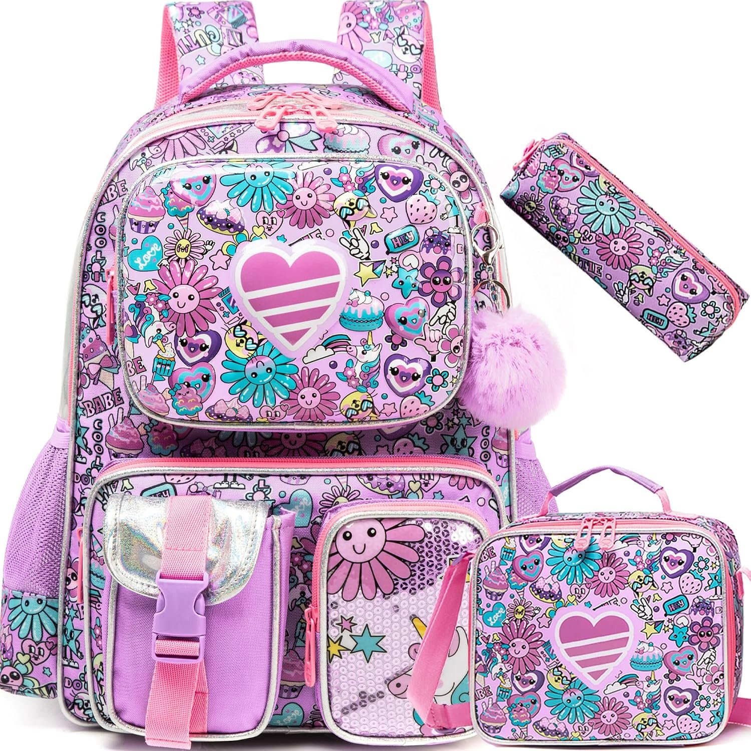 Meetbelify Backpacks for Girls Cute School Backpacks for Elementary Students Ages 8-10 Kids Aesthetic Travel Backpack Large Capacity Laptop Bookbag with Lunch Box 3 in 1 Backpack Set for Girls