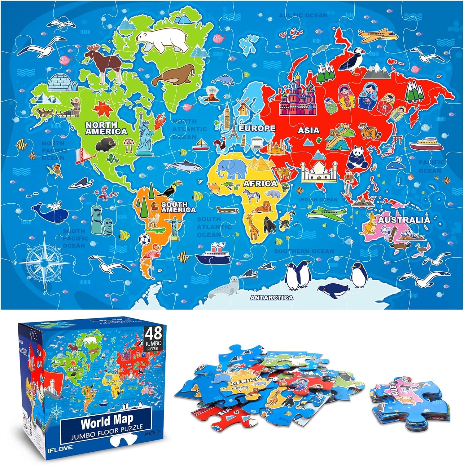 Jumbo Floor Puzzle for Kids,48-Piece World Map Jigsaw Puzzle Ages 3-8 | Discover 7 Continents,Oceans,Animals and Landmarks;Extra-thick Cardboard,35×24 in Completed,Preschool Gift for Boys and Girls