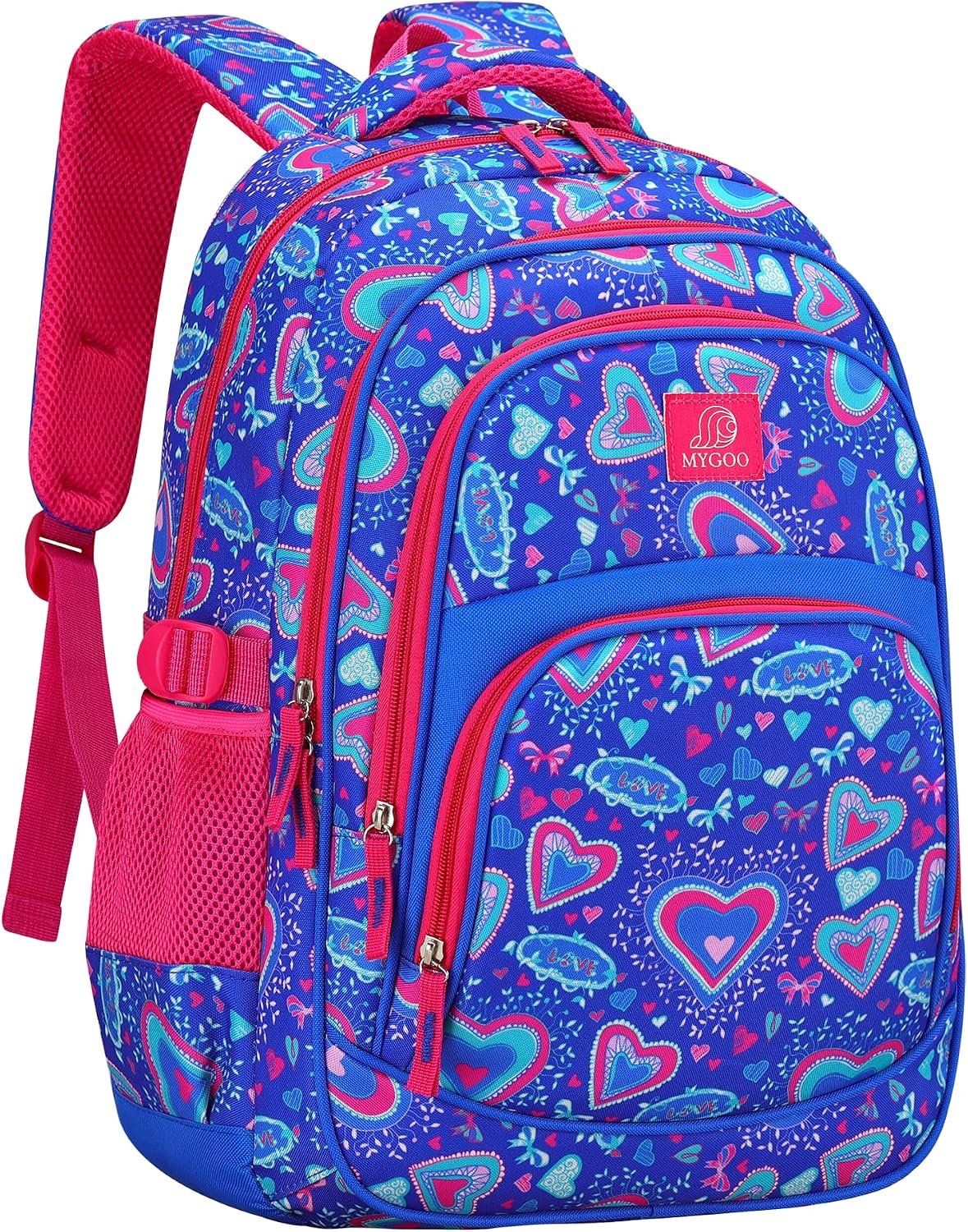 MYGOO Girls School Backpack Grove Heart Blue Bookbag for Elementary Middle School Ages 5-12, 17 inch Large Capacity 24L Kids Student Travel Bags