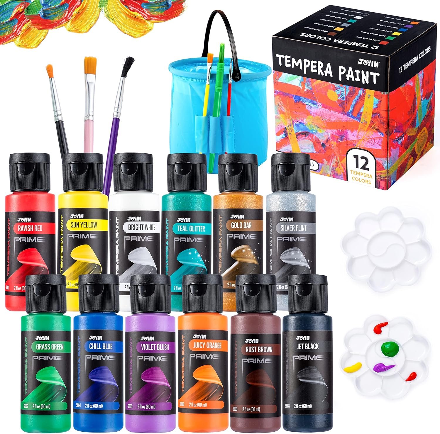 JOYIN Washable Tempera Paint Set for Kids 12PCS, Non Toxic Liquid Paint with 6 Brushes and 2 Palettes – Art Supply for Kids for Arts and Crafts Project, Finger Painting (2 oz Each), Easter Basket Stuffers