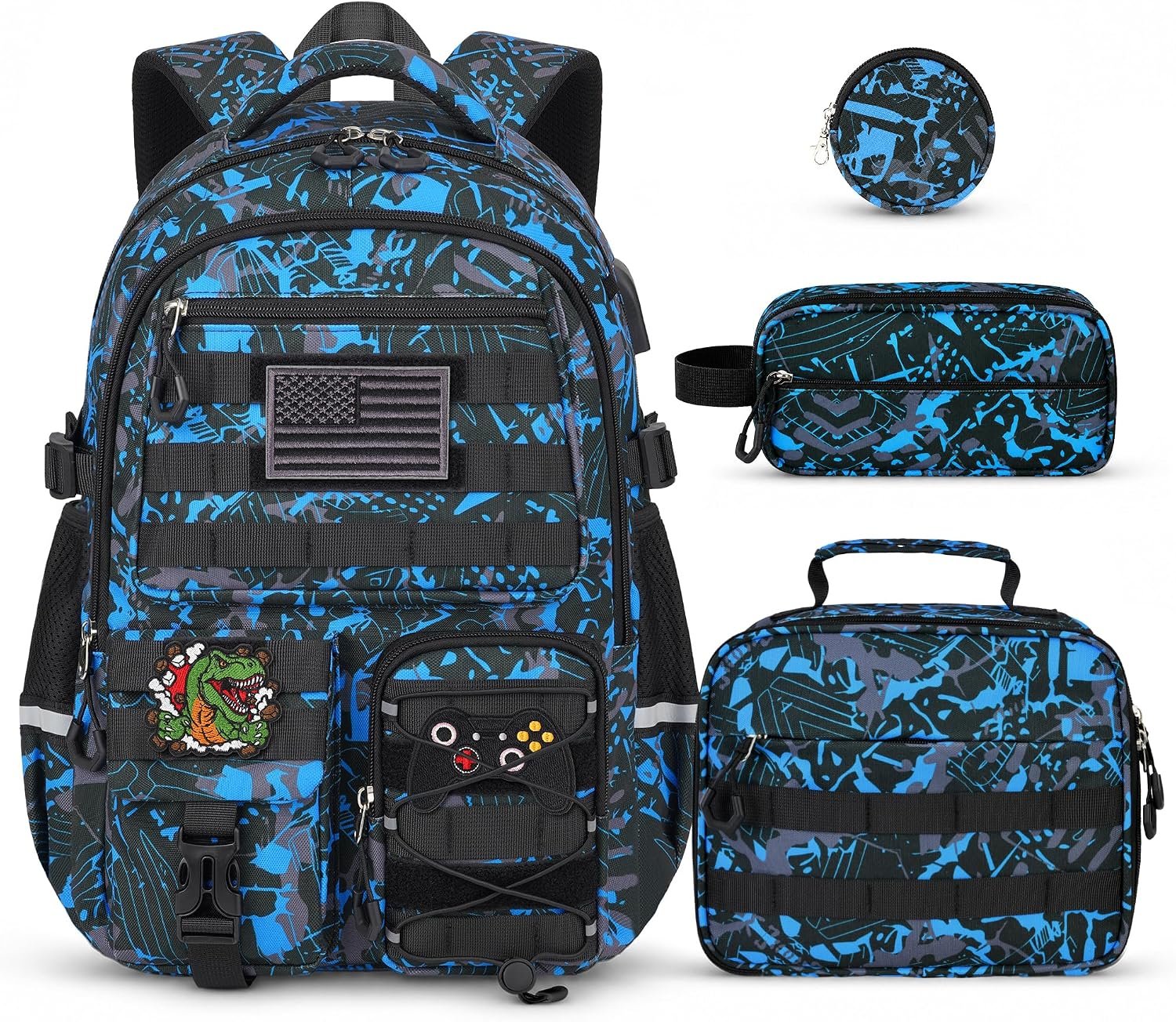 Boys Backpack with Lunch Box Set, 4 PCS Camo Kids School Bookbag for Boys | Camo Elementary Backpack for Kids & Teens