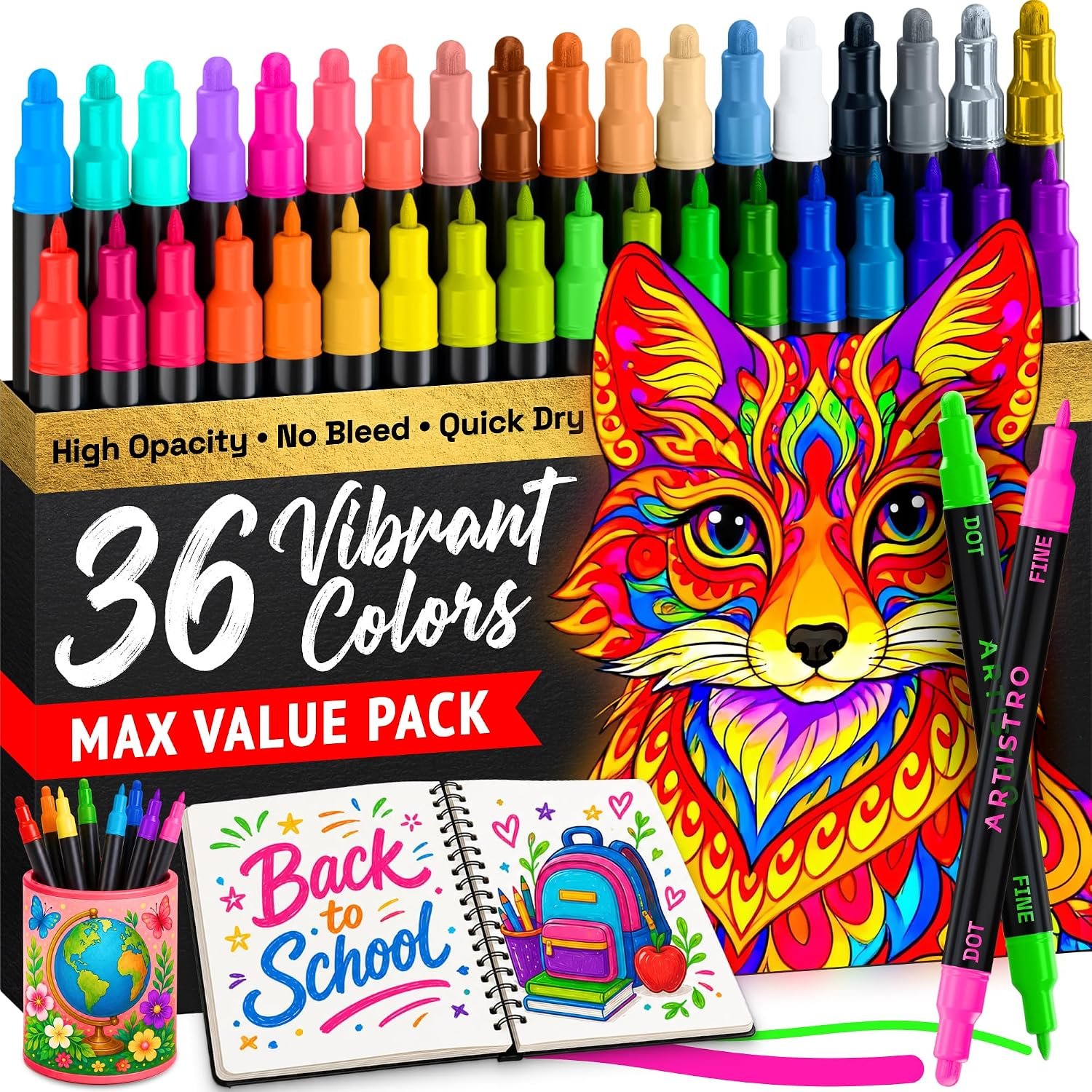 ARTISTRO 36 Precision Dual-Tip Acrylic Paint Markers – Paint Pens Set with Dot & Fine Tips for Fabric, Rock, Glass, Wood, Coloring Books – Arts & Crafts Gift – Classroom Must Haves & School Supplies
