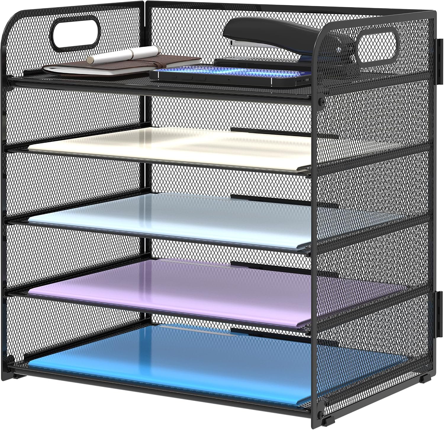5 Trays Paper Organizer Letter Tray with Handle-Mesh Desk File Holders, Paper Sorter Desk Organizer for Office, Home, Classroom or School