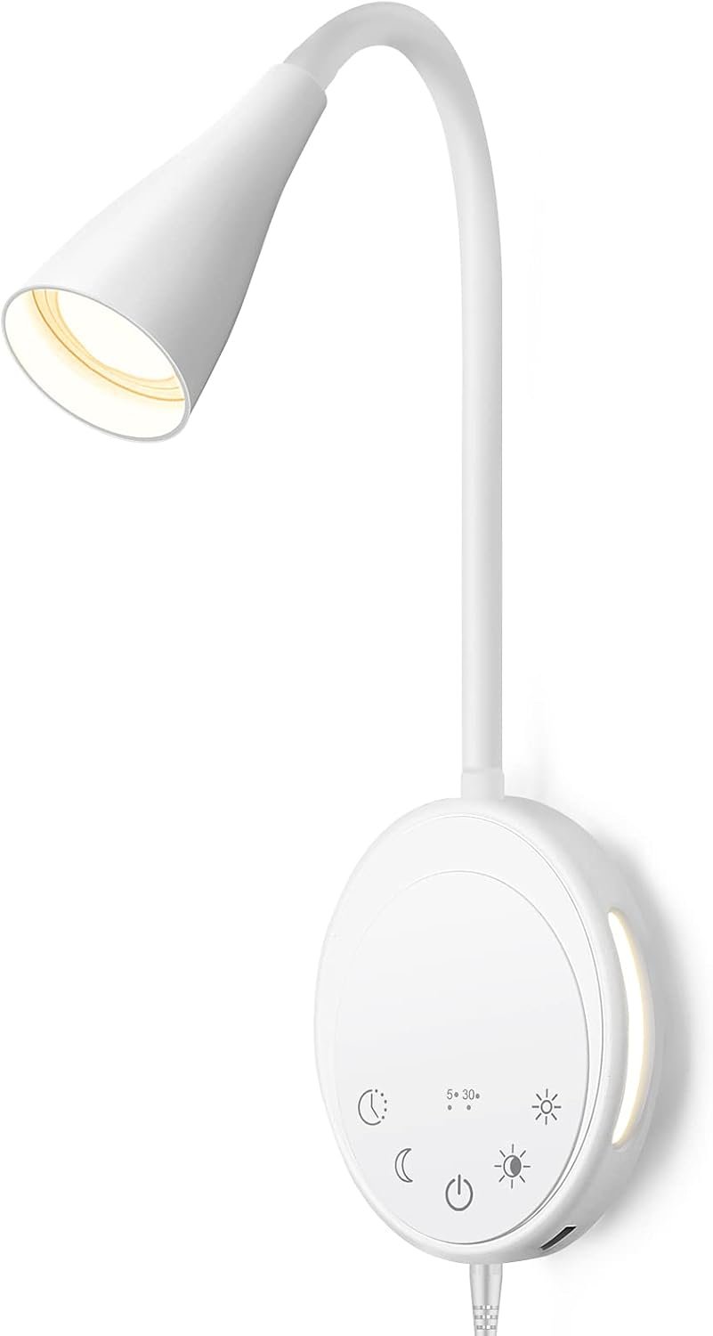 SANKEDOU LED Wall Mounted Reading Light, Book Light for Reading in Bed with Touch Control, 5 Dimmable, USB Output, Night Light & Timers Function, Flexible Gooseneck Headboard Bed Lights (White)
