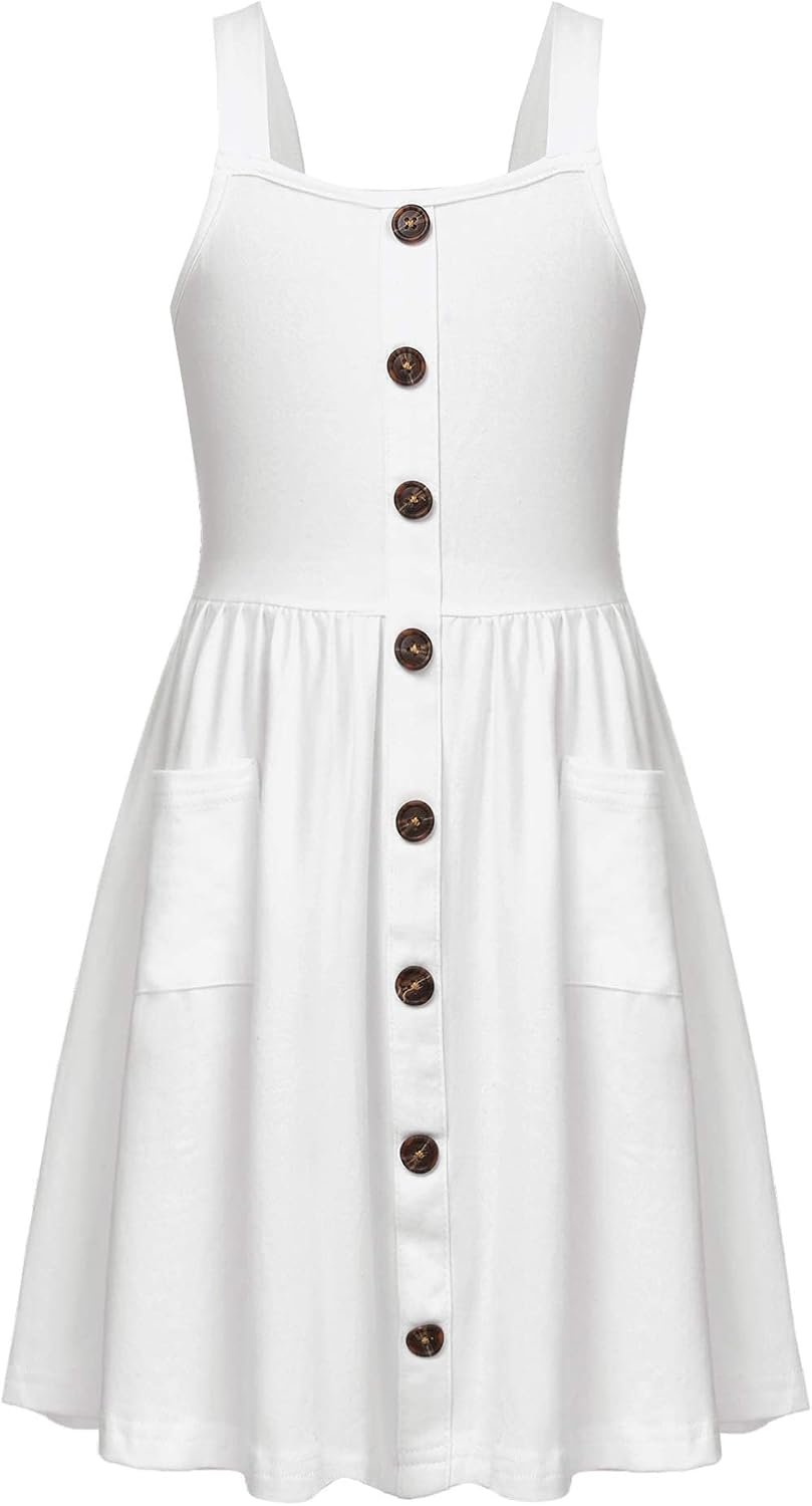 Arshiner Girl’s Spaghetti Strap Button Down Summer Casual Sundress Dress | Midi, Sleeveless, A-line, with Pockets