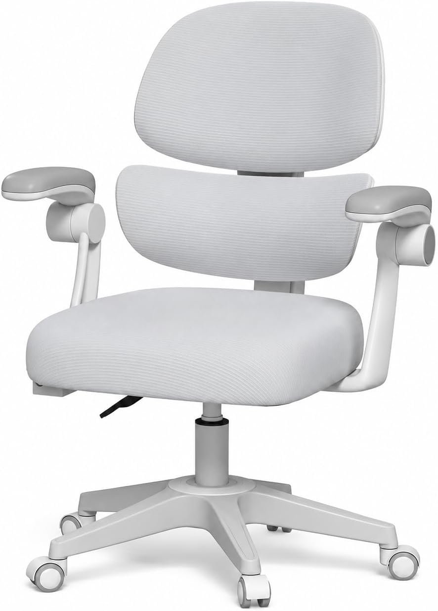 Kids Back-Following Chair, Height Adjustable Kids Desk Chair with Armrest | Study Computer Chair w/Sit-Locking Casters for Boy Girl Students Age 5-13 Home Bedroom School Use,Grey