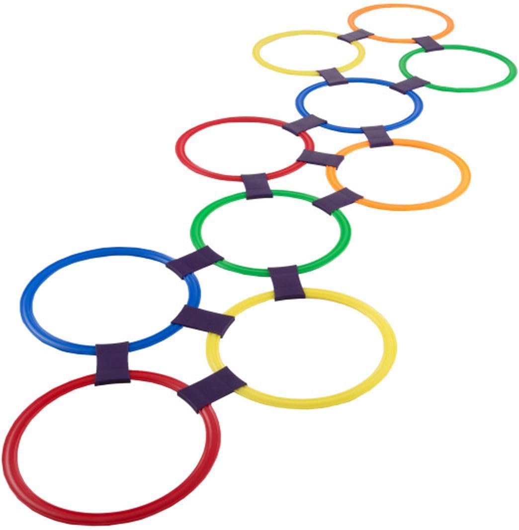 HEY! PLAY! Hopscotch Rings Game – Ten 11-Inch Plastic Rings and 15 Connectors for Indoor and Outdoor Use – Play Set for Girls and Boys (Multicolored)