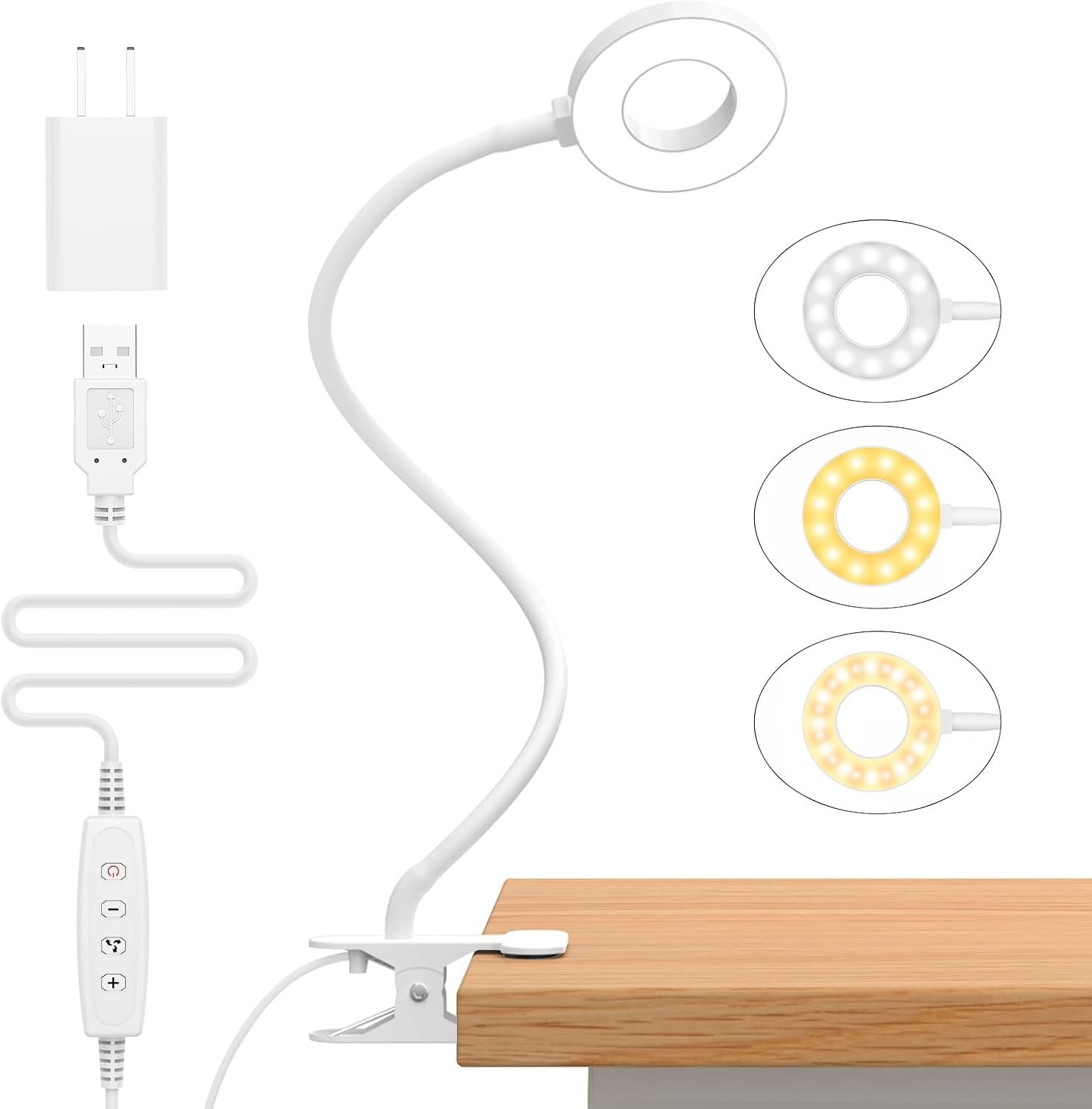 iZELL Reading Light, USB Clamp Lamp for Child Reading Book in Bed at Night, LED Small Desk Lamp with Silicone Adjustable Arm Clip on Beside Table for Studying Working Drafting Sewing – 15.8‘’ White