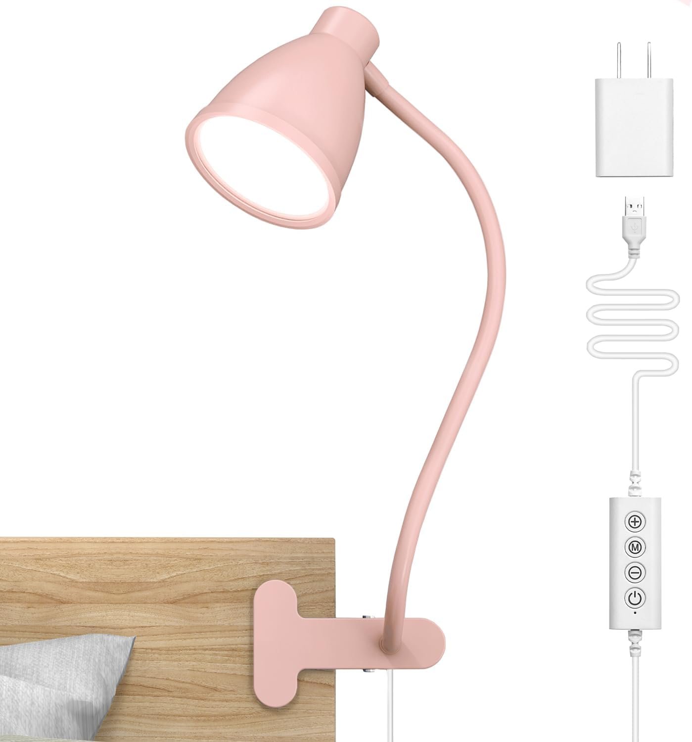 BOHON Cute Desk Lamp with Clamp Clip on Light, 5 Color 10 Brightness, Pink | Flexible Gooseneck Pink Lamp 10W 38 LED Auto Off Timer Kawaii Accessories Desk Lights for Office Home Bed Bedside Reading