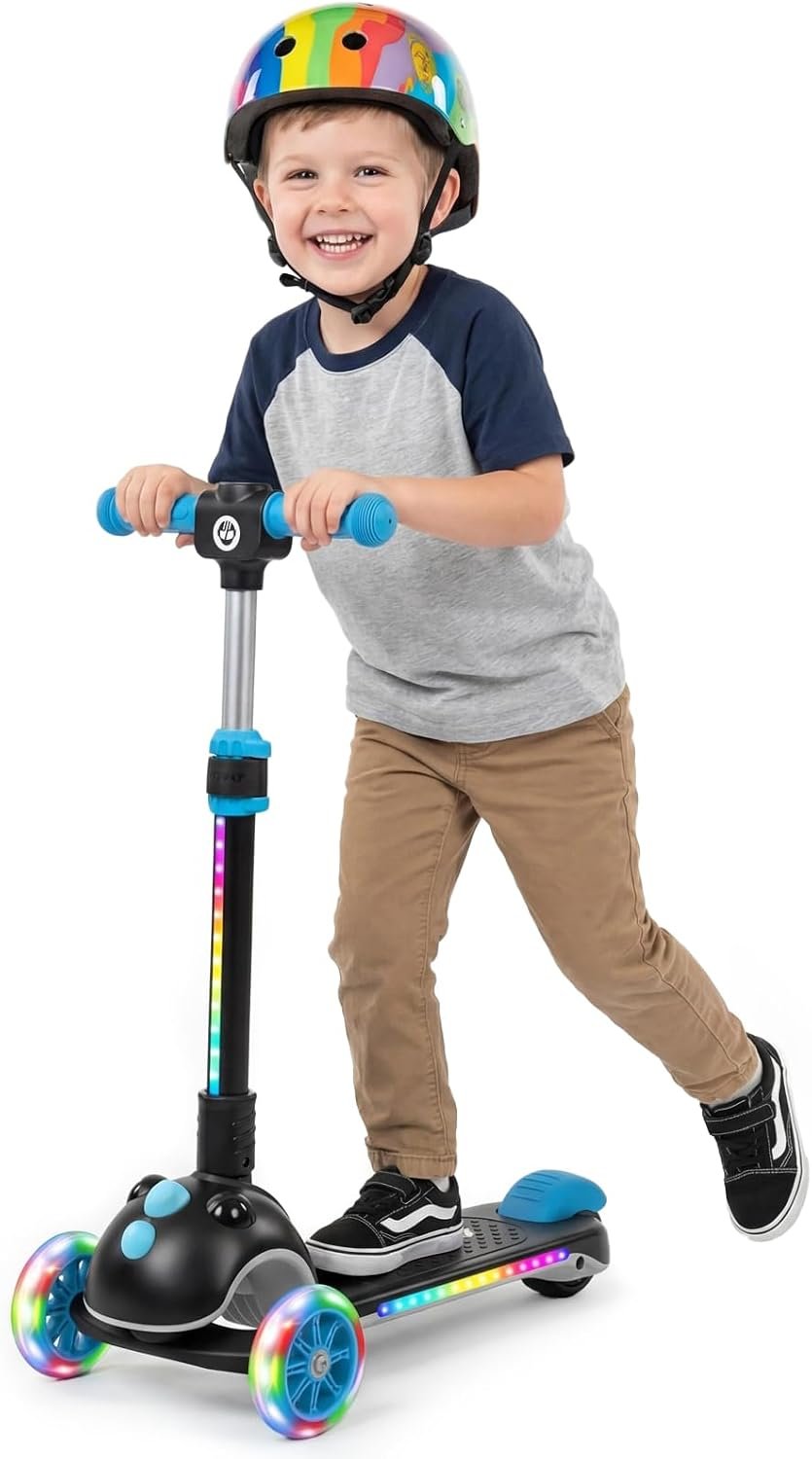Gotrax SK1 Foldable Electric Scooter, 3 Wheels for Kids Ages 4+, Gifts | Full Body LED Light, 90 Mins Electric Riding, 5 MPH Speed, Push-Button Throttle, Battery Indicator, Adjustable Height, Black