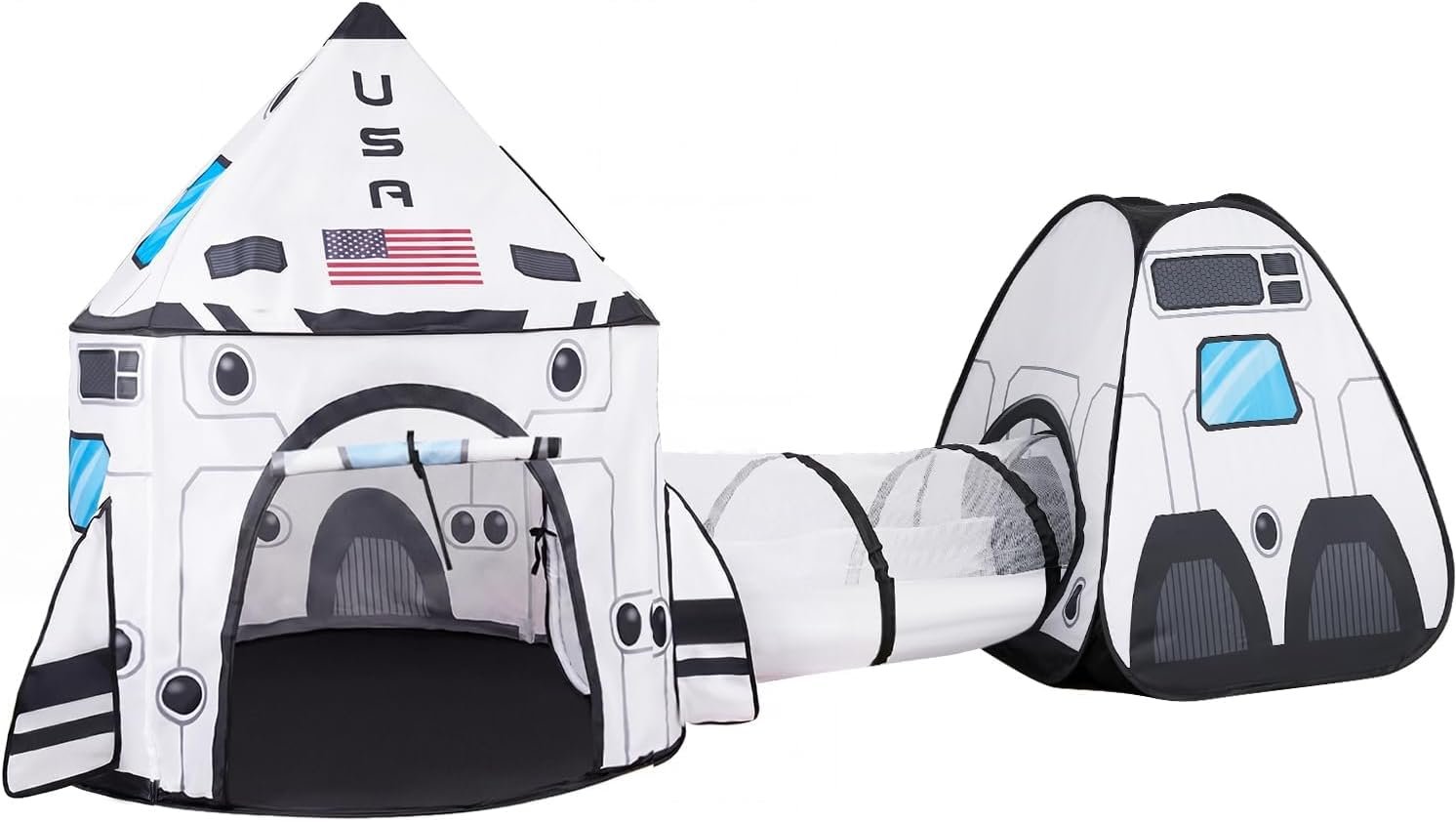 JOYIN White Rocket Ship Pop up Play Tent with Tunnel and Playhouse Kids Indoor Outdoor Spaceship Tent Set