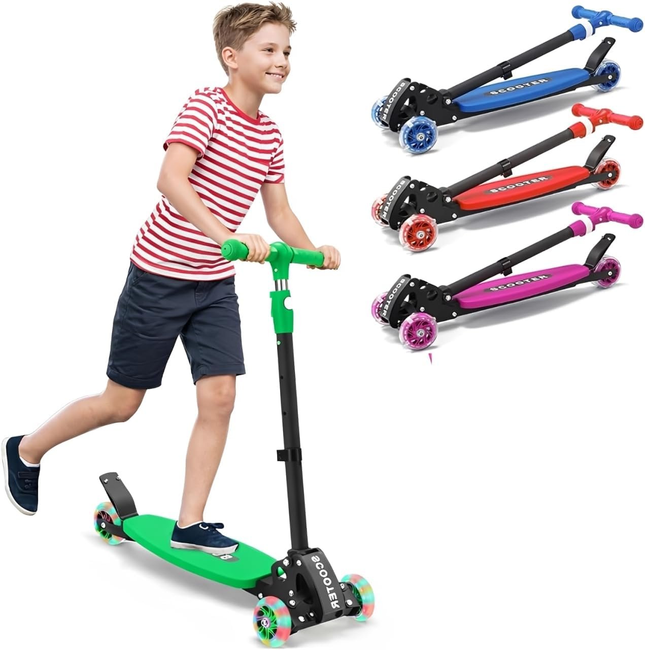 3 Wheel Kids Kick Scooter for Ages 3-12, Lean-to-Steer, Light-Up Wheels, 3-Level Adjustable Handlebar 27.5”-33”, Wide Non-Slip Deck, Dual Rear Brake,Travel Foldable, for Boys & Girls Toy Gifts