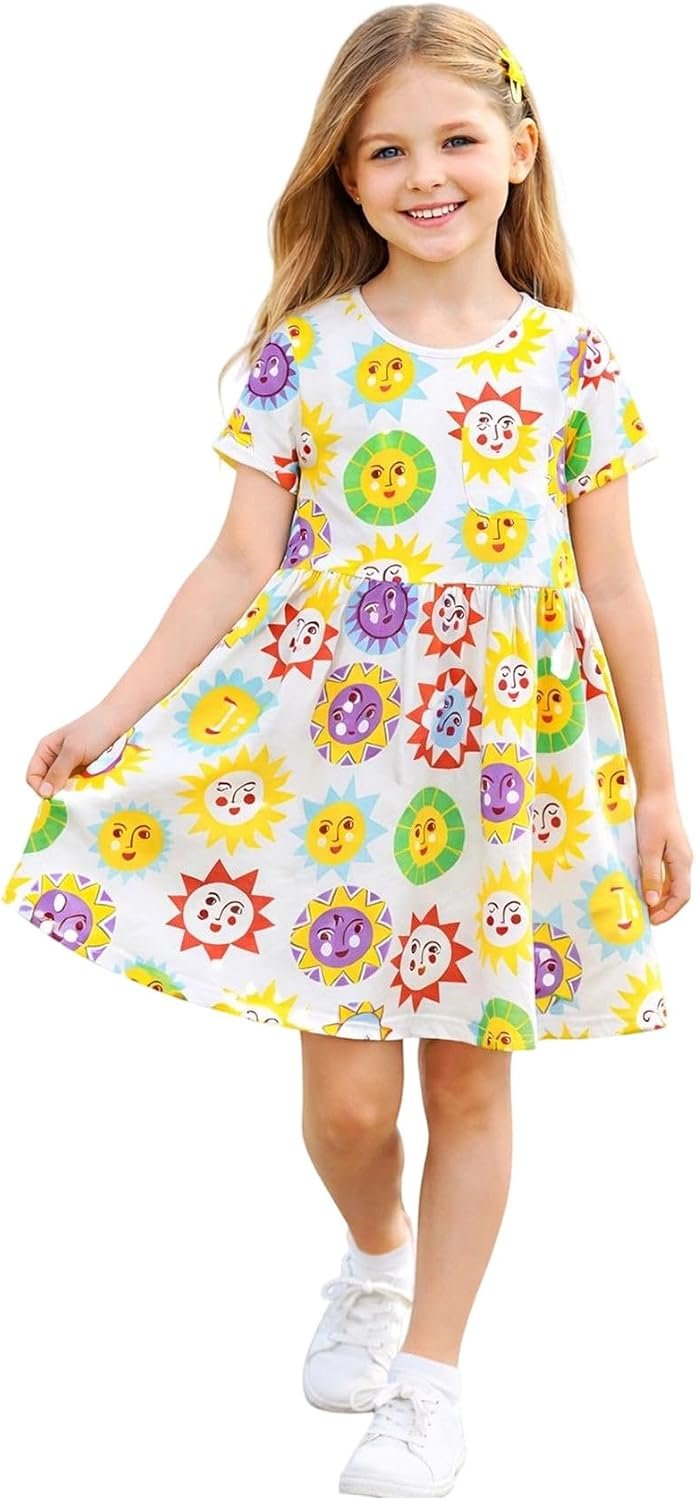 HILEELANG Girl Short Sleeve Dress Summer Cotton Casual Tunic Shirt Twirly Basic Skater Dress