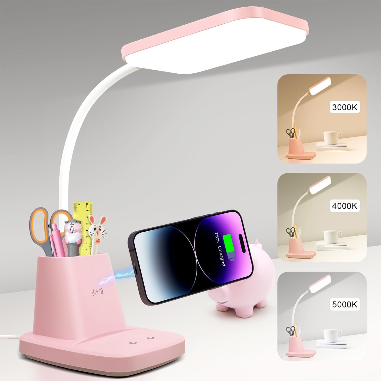 LED Desk Lamp with 10W Wireless Charging & Pen Holder, Pink | CRI 95, 800LM, Stepless Dimming, 3 Modes, 360°Flexible Arm, Touch, Study Table Lamp for Home Office, Dorm Room, with Adapter