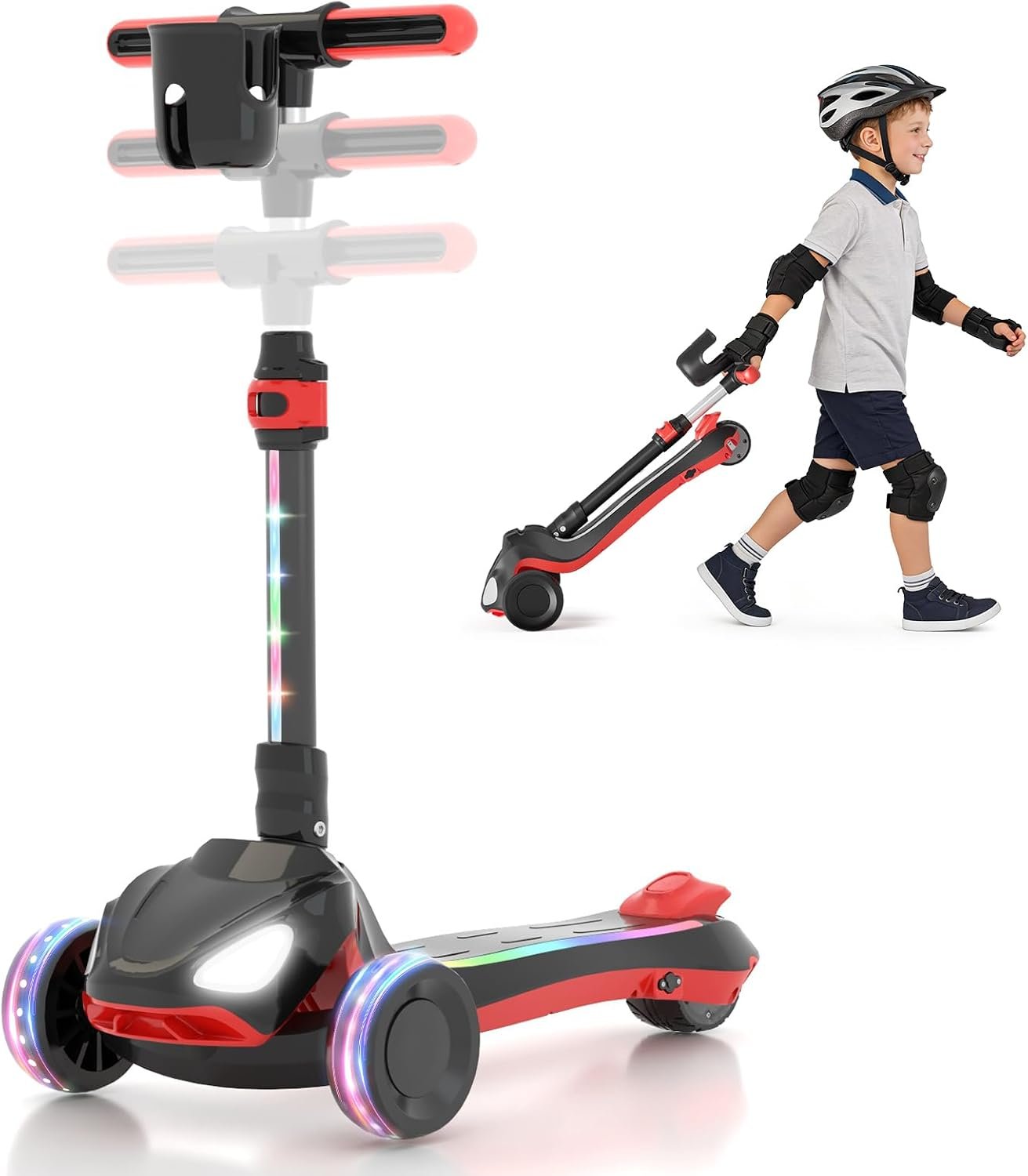 SIMATE Electric Scooter for Kids Ages 3+, 3 Wheel Balance Scooter, 3 Adjustable Heights, Foldable & LED Display & Thumb Throttle, Long Battery Life, Full Body Lights Up, Gift for Kids Boys Girls