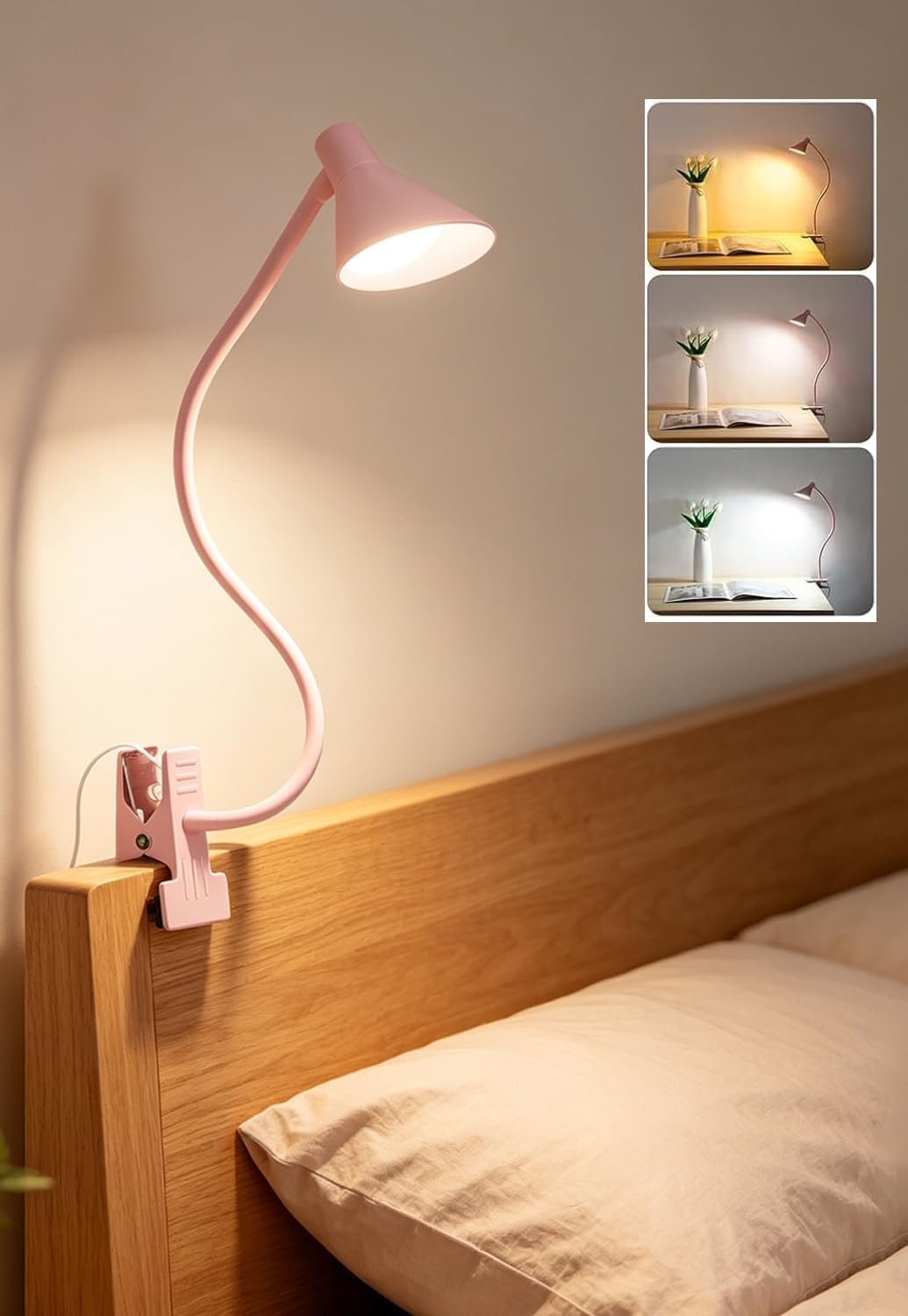 Clip on Light, Eye Care Reading Lights for Books in Bed Clip on Lamp Pink | 3 Color Modes & 10 Brightness Reading Book in Bed with Auto Timer, Reading Light for Bed Headboard Desk Bedside Dorm