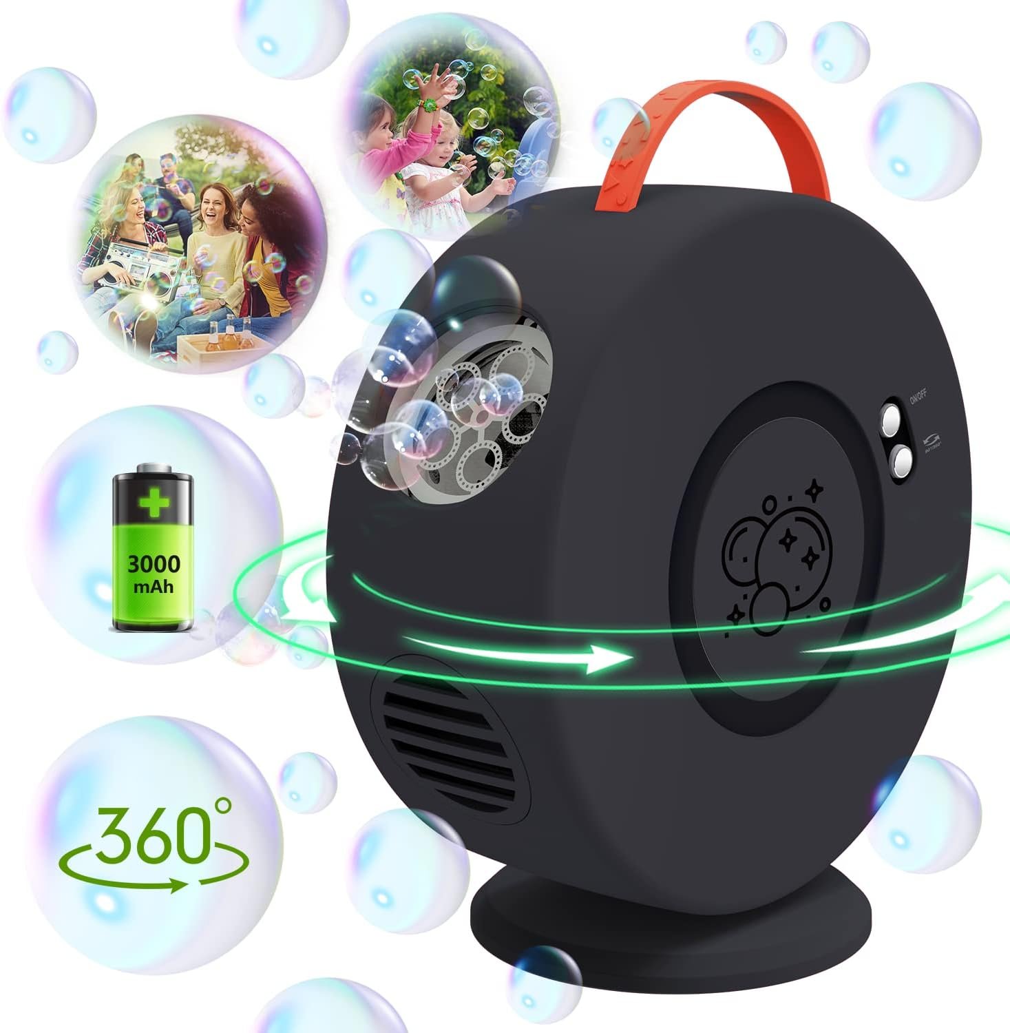Bubble Machine for Kids and Toddlers, 360° Bubble Blower for Outdoor Play | 90°/360° Rotating Bubble Maker,4000+ Bubbles/Min,Long Lasting Runtime,Easy Refill,Portable Handle,Gift for Boys and Girls