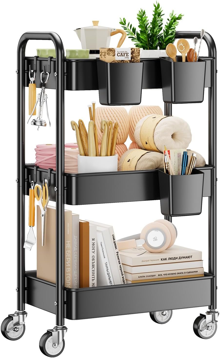 3 Tier Rolling Cart, Heavy Duty Metal Utility Cart with Wheel Black | Sturdy Rolling Storage Cart With Hooks & Hanging Cups, Great For Craft, Art Workspace, Kitchen ,Snack And Office Storage